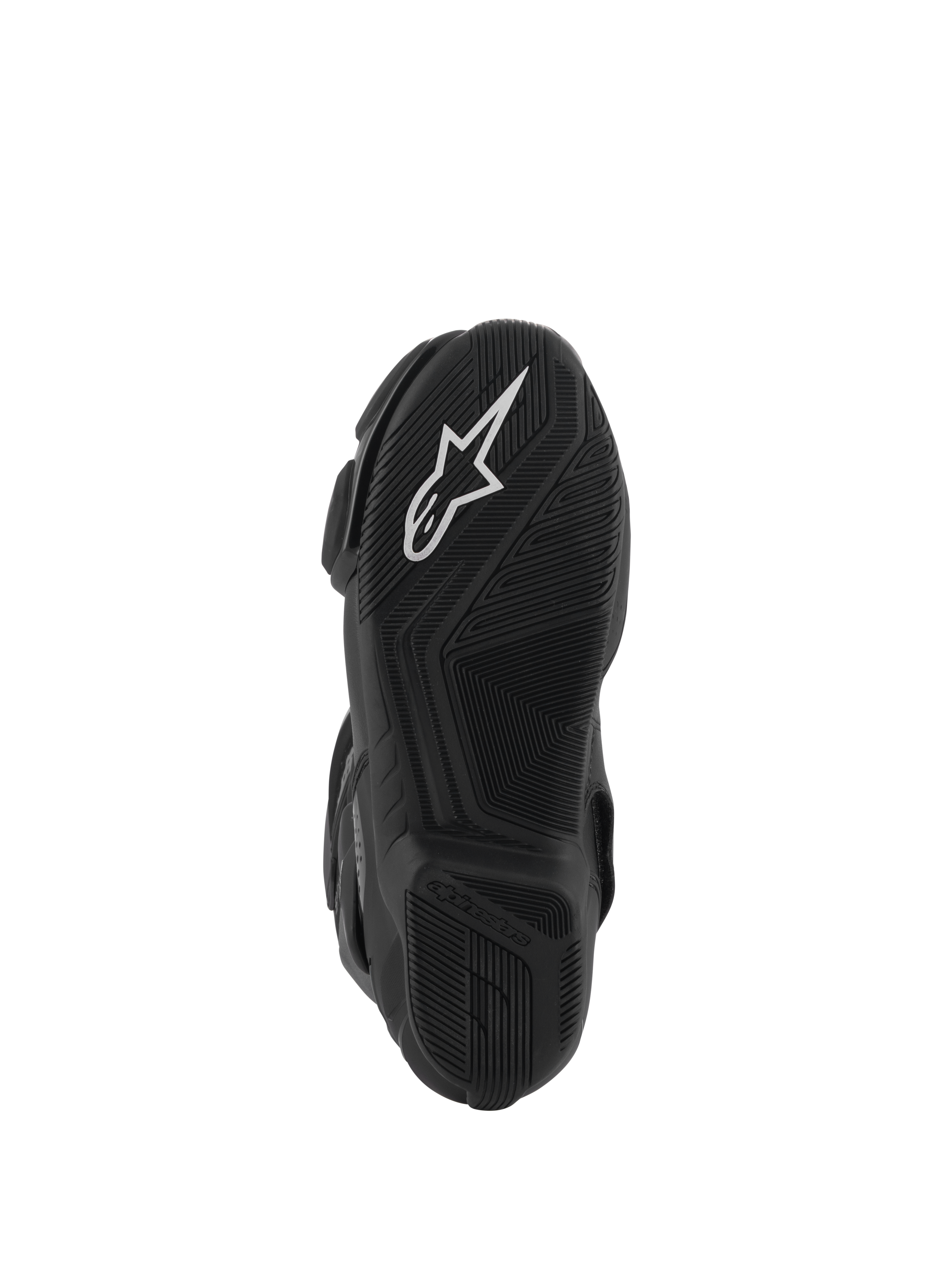 Alpinestars Stella SMX-6 V3 Drystar® Stiefel, Unteransicht der schwarzen Gummisohle, markantes weißes Alpinestars Stern-Logo, strukturierte Profilbereiche für Griffigkeit, stromlinienförmiges Design für Motorradkontrolle
