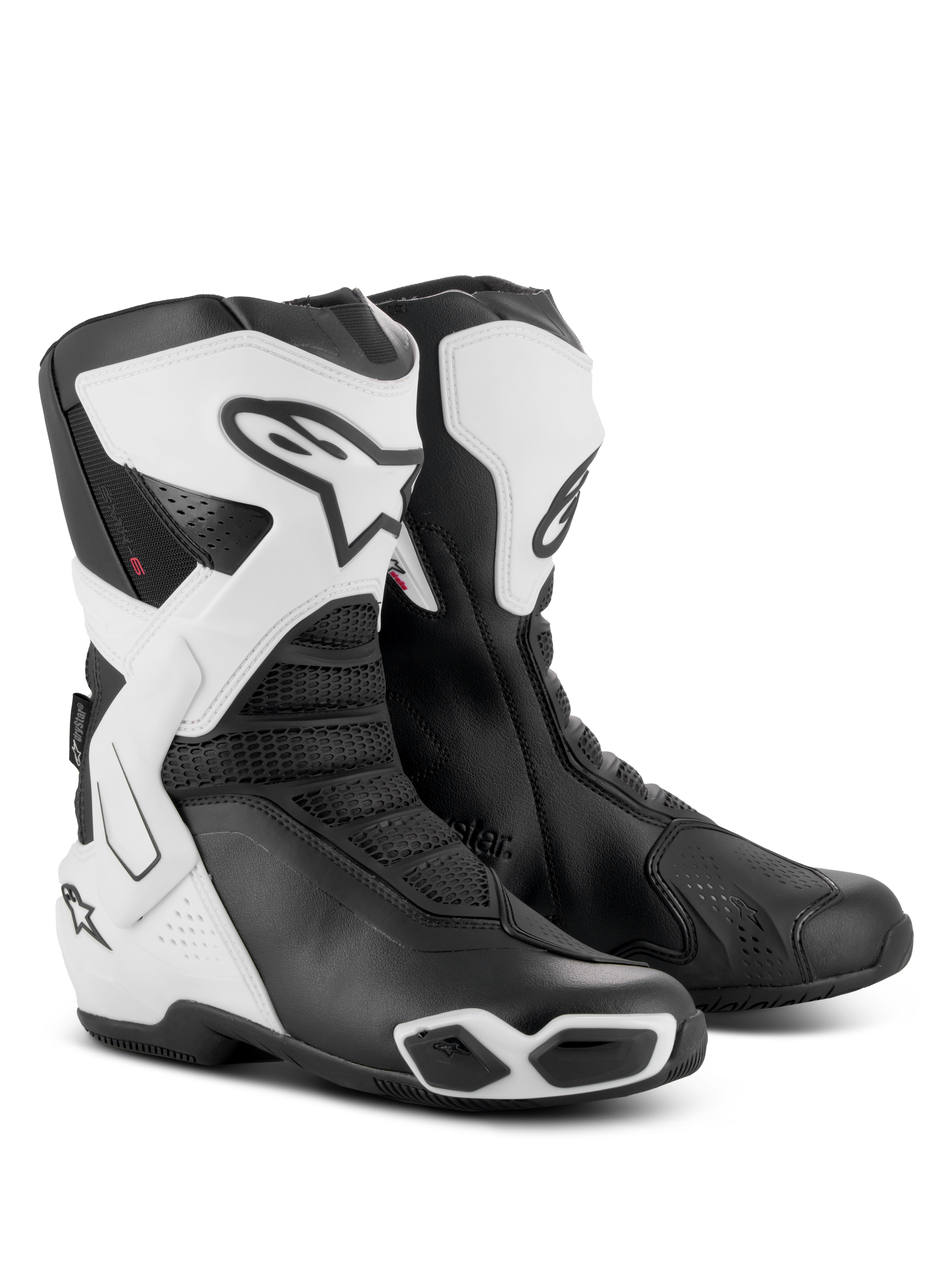 Alpinestars Stella SMX-6 V3 Drystar® laarzen, performance motorlaarzen voor dames, wit en zwart, met beschermende TPU-scheenplaten, laterale enkelbraces en geïntegreerde sliders, sportief ontwerp met opvallend Alpinestars-logo en mesh-accenten
