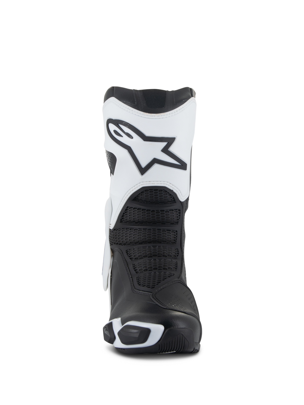 Alpinestars Stella SMX-6 V3 Drystar® laarzen, dames motorlaarzen, wit en zwart, vooraanzicht met de witte scheenplaat en het Astars-logo, zwarte getextureerde flexzones en beschermende TPU-elementen voor sportief rijden