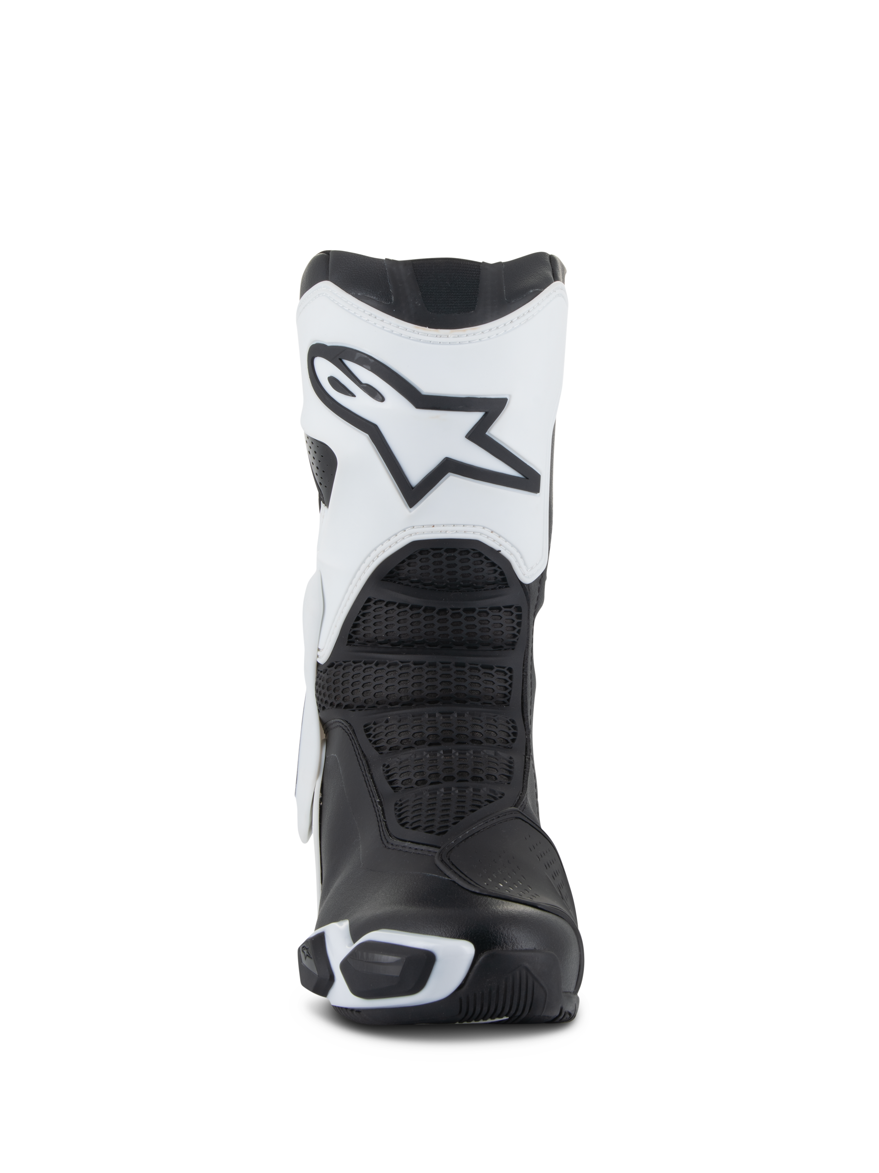 Alpinestars Stella SMX-6 V3 Drystar® laarzen, dames motorlaarzen, wit en zwart, vooraanzicht met de witte scheenplaat en het Astars-logo, zwarte getextureerde flexzones en beschermende TPU-elementen voor sportief rijden