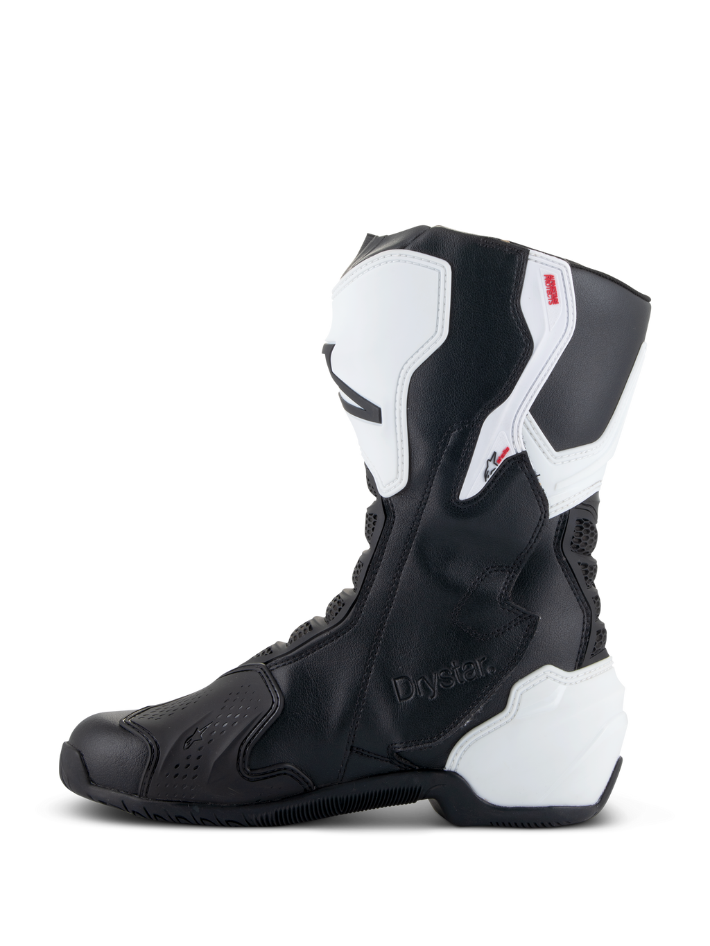 Alpinestars Stella SMX-6 V3 Drystar® laarzen, performance motorlaarzen voor dames, wit en zwart, mediale zijde met reliëf Drystar-branding, witte TPU-scheenbeen- en hielbescherming en gestroomlijnd zwart microvezel bovenwerk voor prestaties op de baan en op straat.
