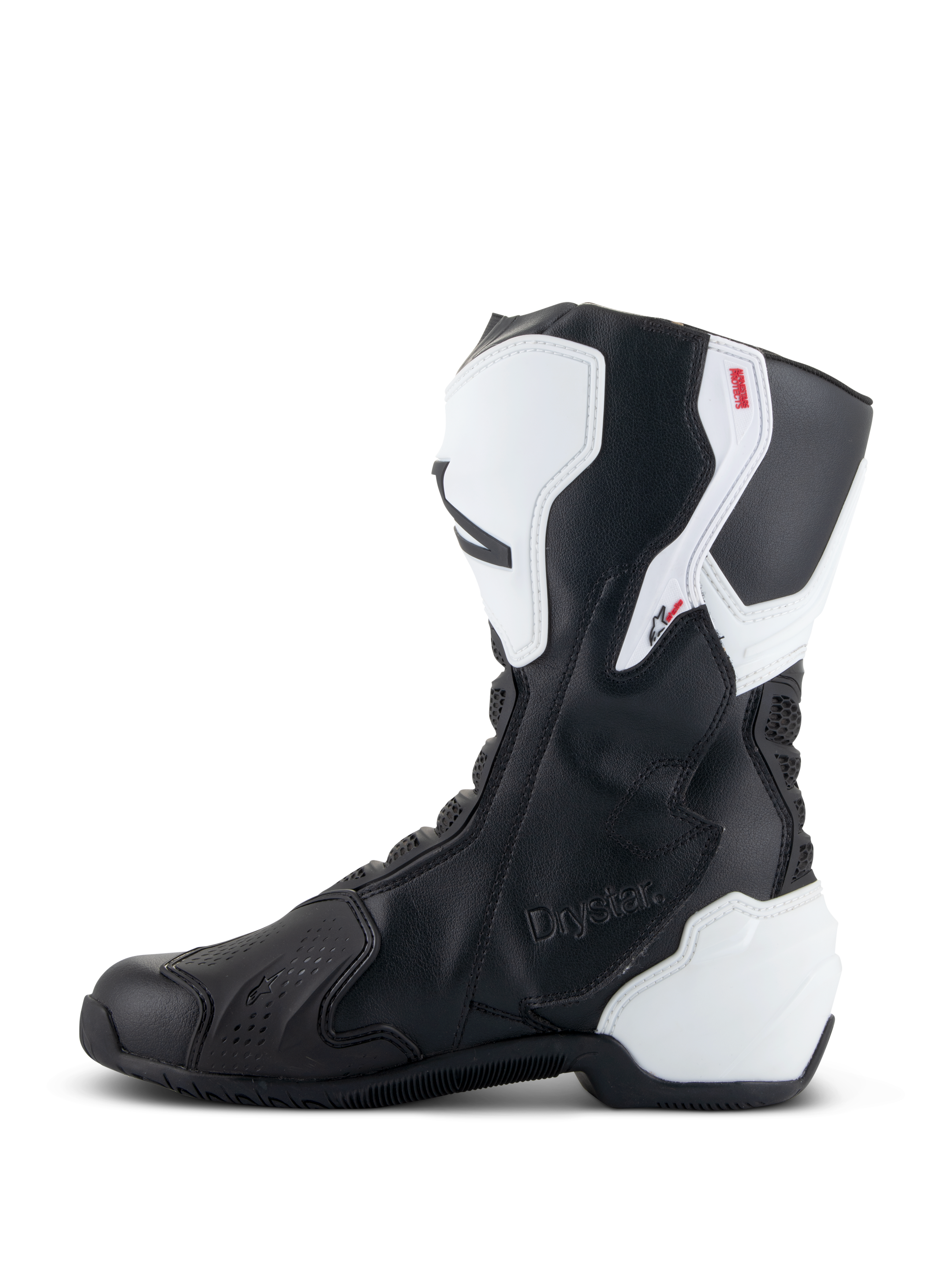 Alpinestars Stella SMX-6 V3 Drystar® laarzen, performance motorlaarzen voor dames, wit en zwart, mediale zijde met reliëf Drystar-branding, witte TPU-scheenbeen- en hielbescherming en gestroomlijnd zwart microvezel bovenwerk voor prestaties op de baan en op straat.