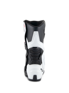 Alpinestars Stella SMX-6 V3 Drystar® Laarzen, dames motorlaarzen, wit en zwart, achteraanzicht met TPU kuit- en hielbescherming, flexibele zwarte mesh-panelen en ergonomisch op de racerij gebaseerd ontwerp.