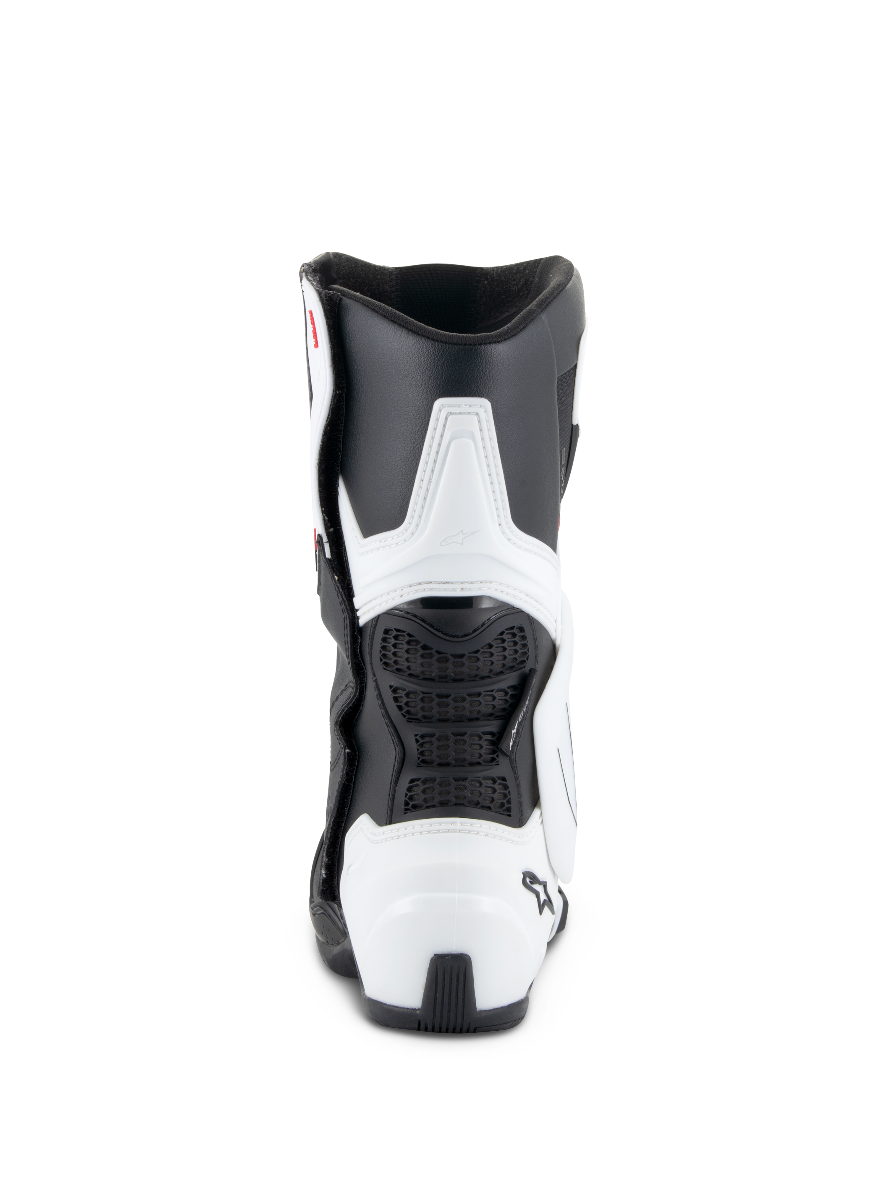 Alpinestars Stella SMX-6 V3 Drystar® Laarzen, dames motorlaarzen, wit en zwart, achteraanzicht met TPU kuit- en hielbescherming, flexibele zwarte mesh-panelen en ergonomisch op de racerij gebaseerd ontwerp.