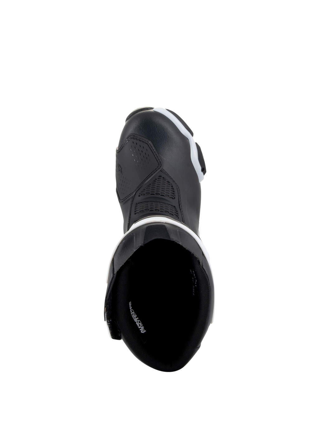 Alpinestars Stella SMX-6 V3 Drystar® laarzen, motorlaarzen voor dames, zwart en wit, bovenaanzicht met binnenvoering en versterkte neus, waterdichte microvezelconstructie voor circuit- en straatgebruik