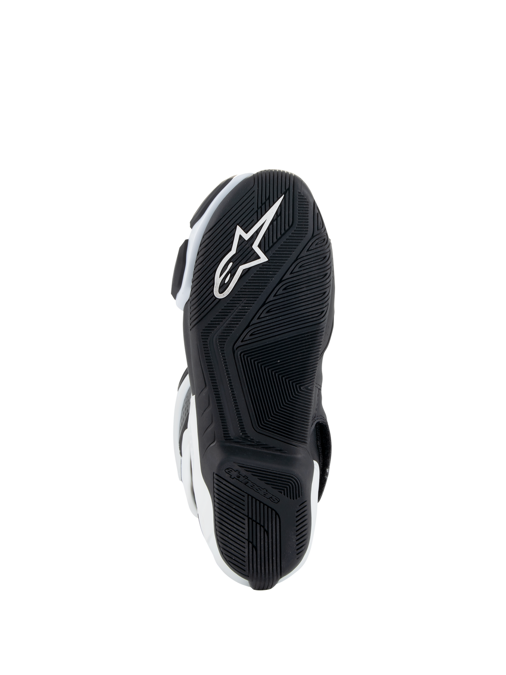 Alpinestars Stella SMX-6 V3 Drystar® laarzen, motorlaarzen voor dames, wit en zwart, zoolaanzicht met een zwarte rubberen buitenzool met een getextureerd grippatroon, geïntegreerd wit Alpinestars sterlogo en merknaam op de hiel