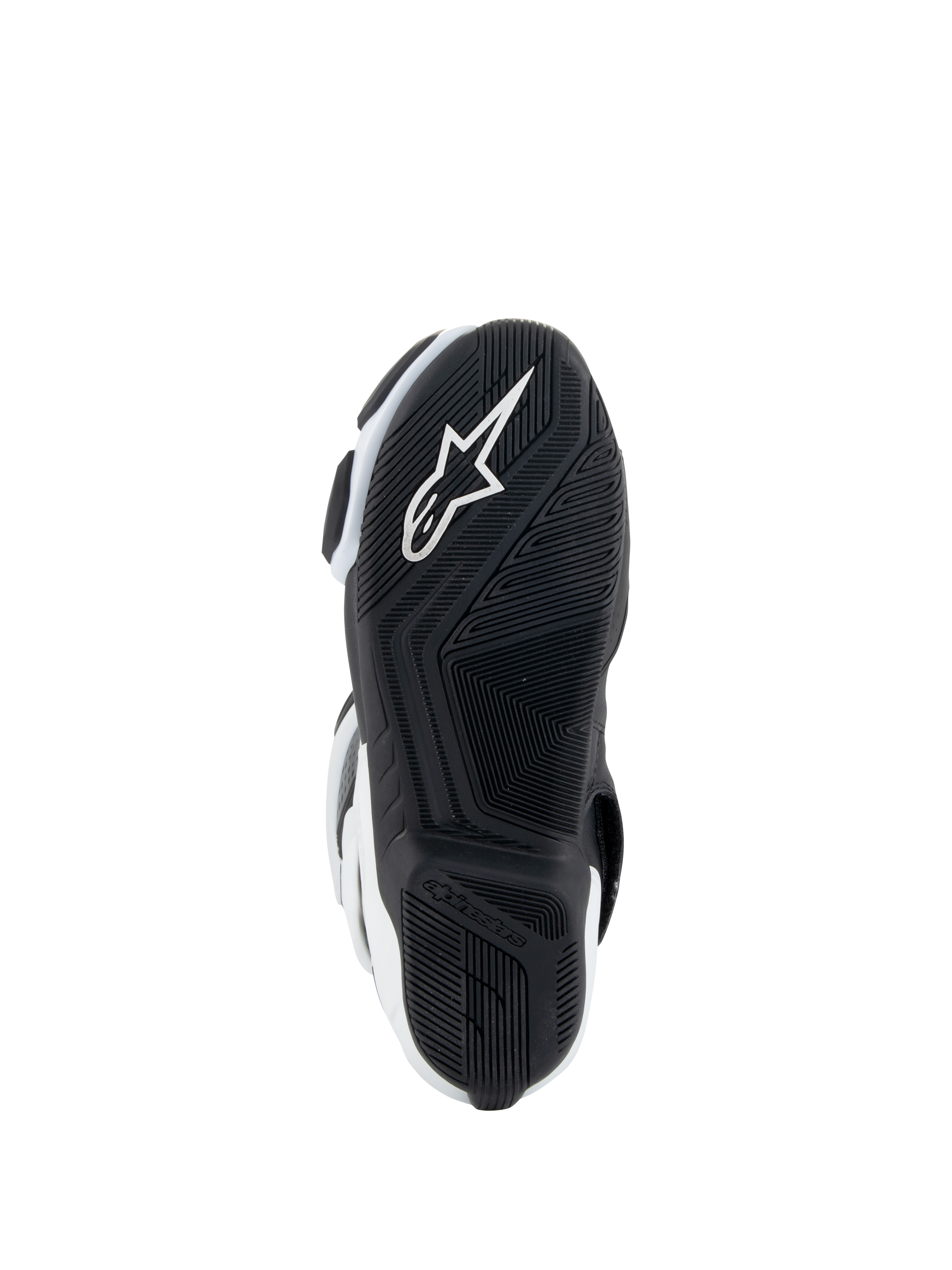 Alpinestars Stella SMX-6 V3 Drystar® laarzen, motorlaarzen voor dames, wit en zwart, zoolaanzicht met een zwarte rubberen buitenzool met een getextureerd grippatroon, geïntegreerd wit Alpinestars sterlogo en merknaam op de hiel