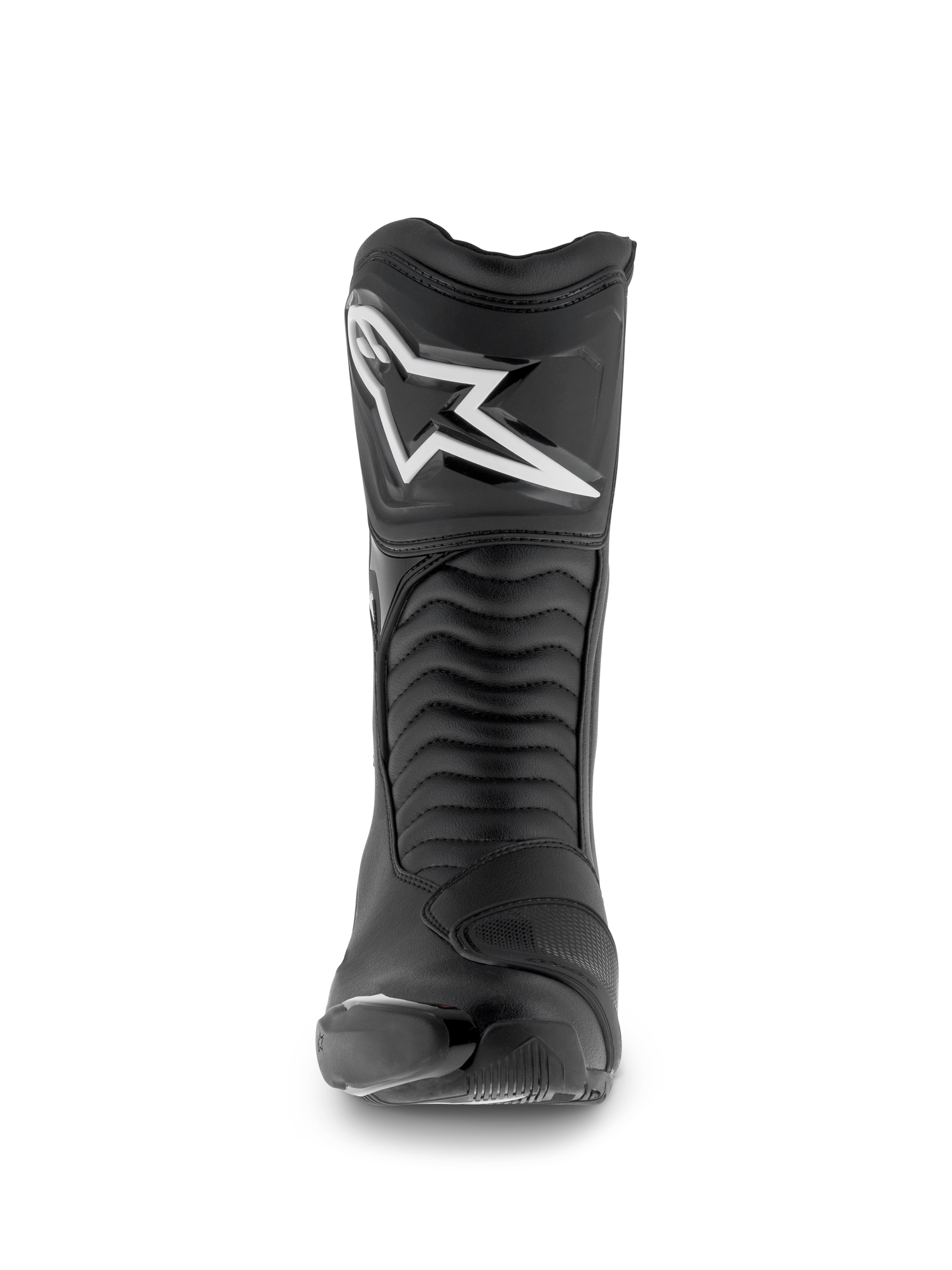 Alpinestars SMX S Waterproof Stiefel, Motorradstiefel, Schwarz, Vorderansicht mit weißem Astar-Logo auf der Schienbeinplatte, Akkordeon-Flex-Einsätzen und strapazierfähiger Mikrofaser-Konstruktion für Sport-Touring.