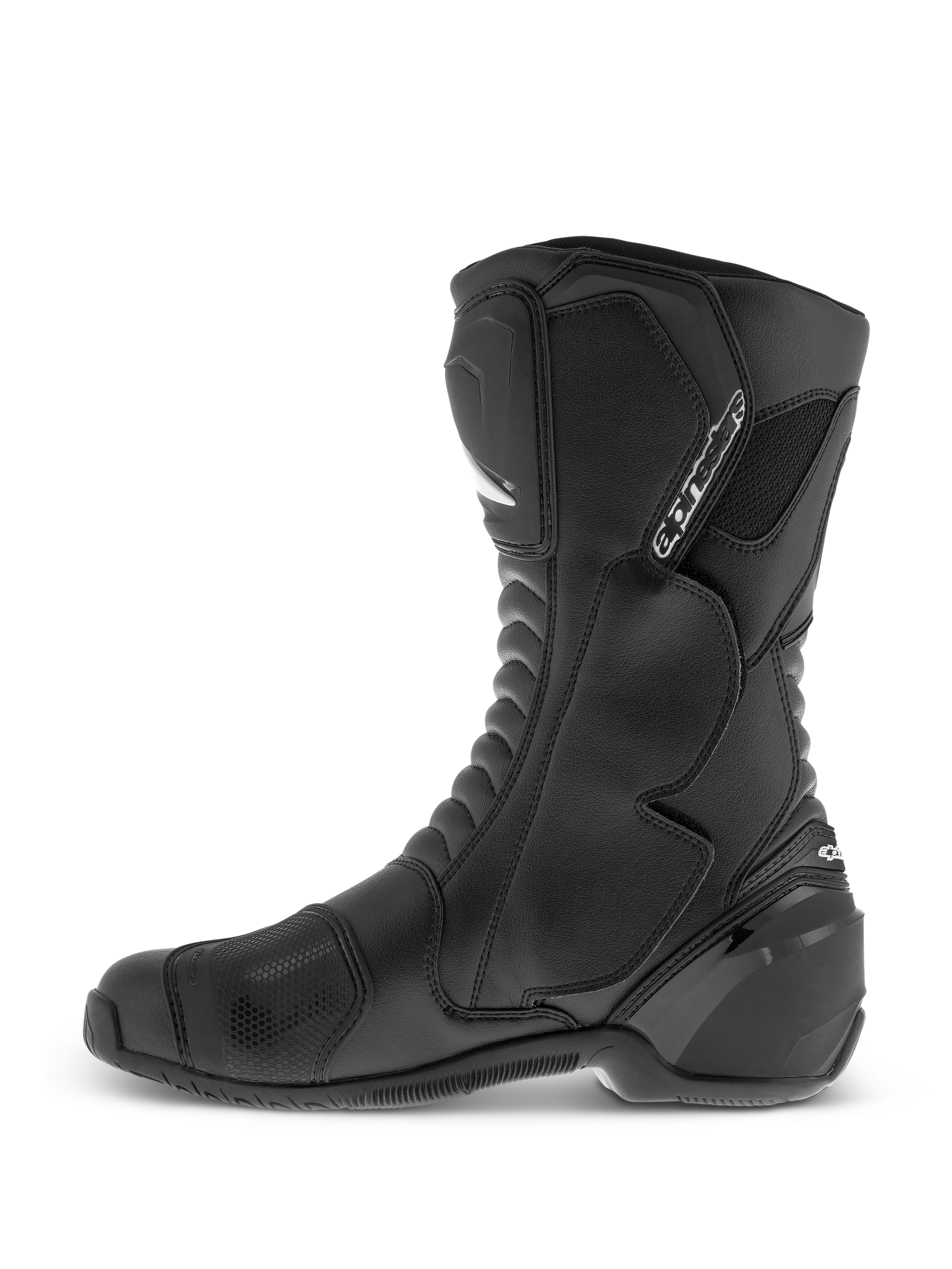 Alpinestars SMX S Wasserdichte Stiefel, Schwarz, hochgeschnittene Motorradstiefel, strapazierfähiges Mikrofaser-Obermaterial, TPU-Schienbein- und Knöchelschutz, strukturierte Schaltverstärkung, Seitenansicht.