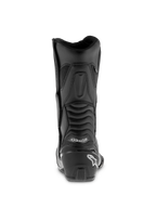 Alpinestars SMX S Waterproof Boots, schwarze Motorradstiefel, Rückansicht mit verstärkter Fersenkappe und weißem Logo, gerippte Akkordeon-Flex-Zonen für Knöchelbeweglichkeit, strapazierfähige Mikrofaser-Konstruktion für Sport-Touring.