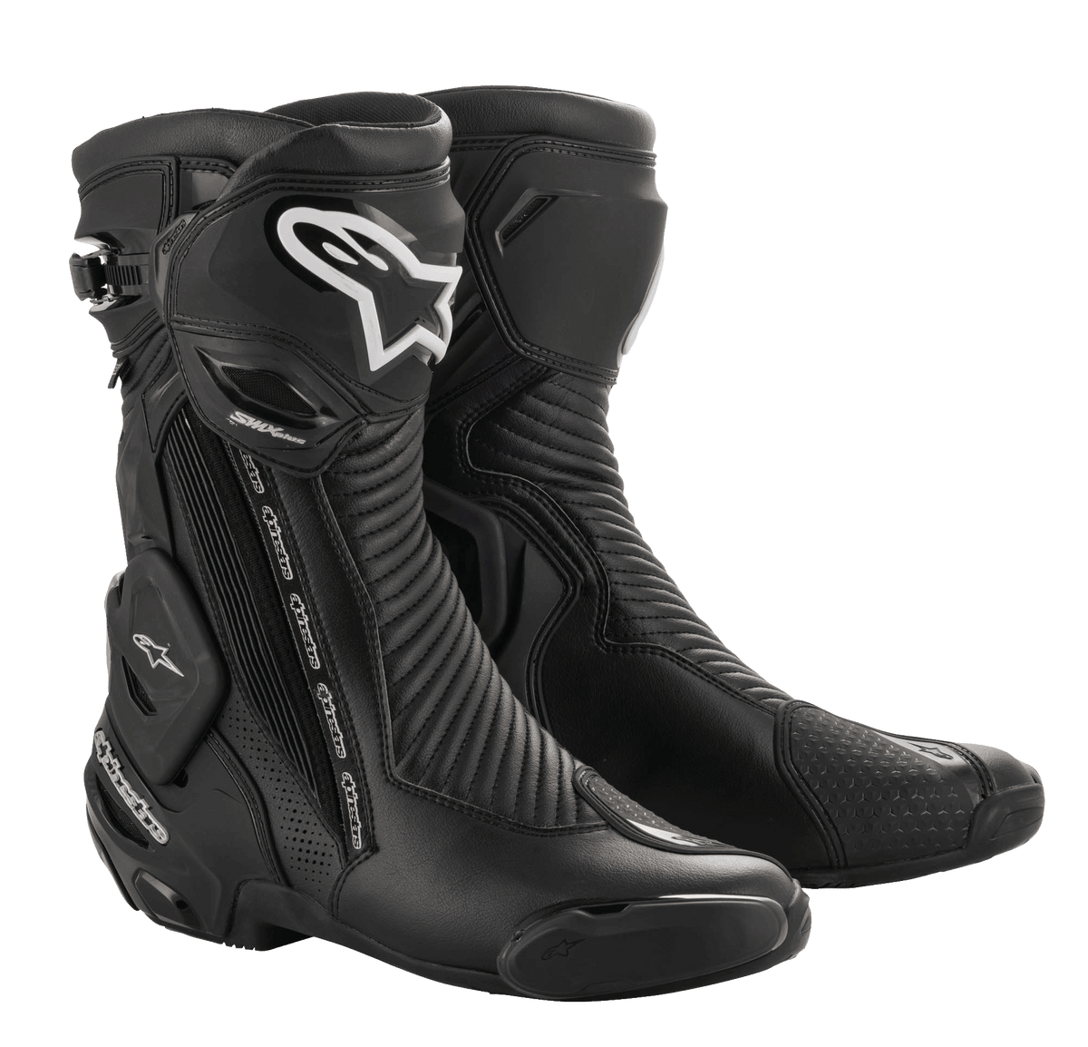 Alpinestars SMX Plus V2 GORE-TEX Stiefel, schwarze Motorrad-Rennstiefel mit silbernen und weißen Logos, wasserdichtes und atmungsaktives Design, verstärkter Knöchelschutz, flexible Akkordeon-Einsätze und schützende TPU-Platten für Rennsport und sportliches Fahren