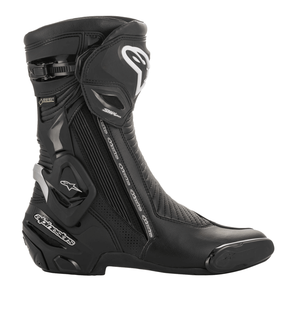 Alpinestars SMX Plus V2 GORE-TEX Boot, Motorcycle Sport Footwear, Black and Silver, side view featuring white Alpinestars logo, protective shin plate, and GORE-TEX branding, designed for high-performance racing and road riding.
