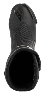 Alpinestars SMX Plus V2 GORE-TEX Boot, Motorcycle Racing Boot, Black, top-down view showing the entry opening, interior lining, and accordion microfiber flex panels on the instep.