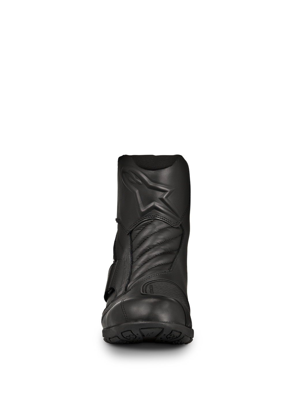 Alpinestars New Land GORE-TEX Stiefel, schwarze Road-Touring Motorradstiefel, Vorderansicht, Vollnarbenleder-Konstruktion mit geprägtem Stern-Logo, Akkordeon-Flexzonen vorne, wasserdichtes mittellanges Design für Langstreckenfahrten