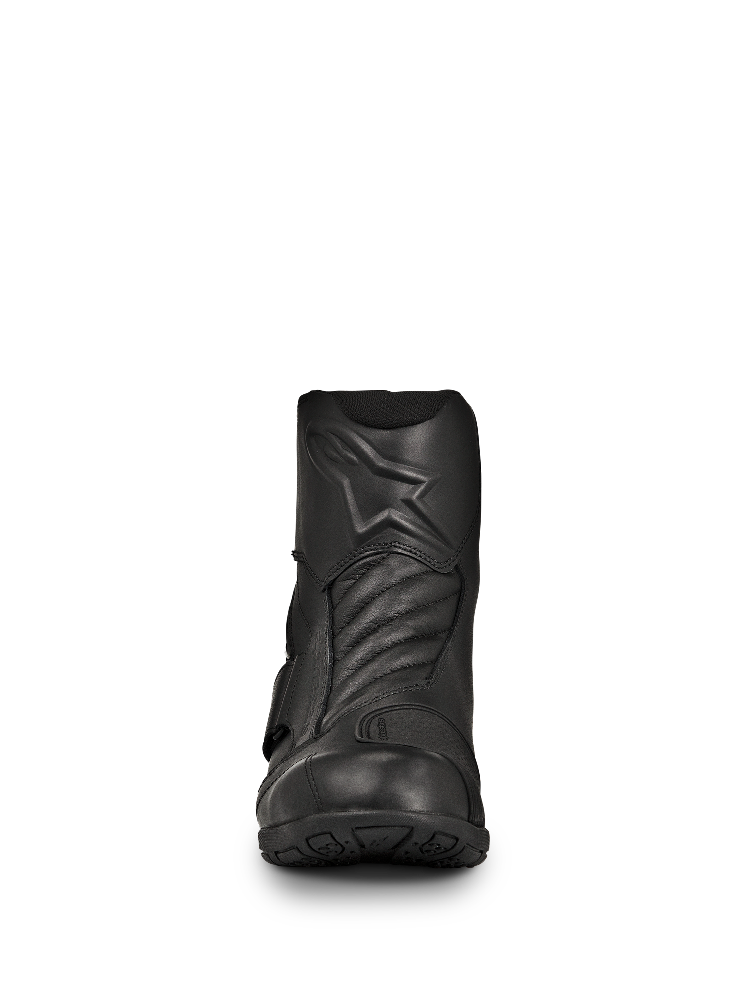 Alpinestars New Land GORE-TEX Stiefel, schwarze Road-Touring Motorradstiefel, Vorderansicht, Vollnarbenleder-Konstruktion mit geprägtem Stern-Logo, Akkordeon-Flexzonen vorne, wasserdichtes mittellanges Design für Langstreckenfahrten