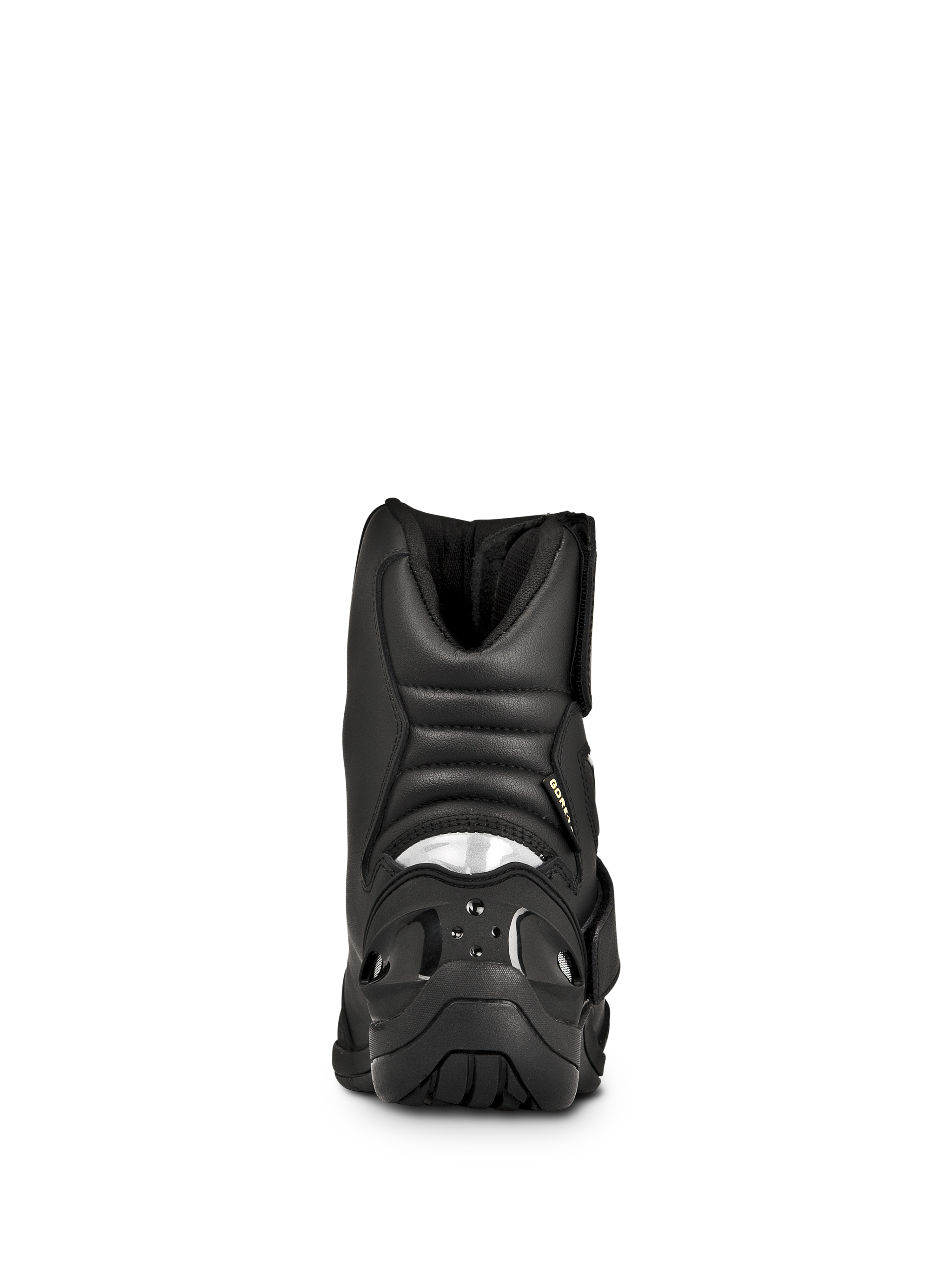 Alpinestars New Land GORE-TEX Stiefel, Straßen-Touring Motorradstiefel, Schwarz, Rückansicht mit gepolsterten Akkordeon-Flexzonen, reflektierendem Ferseneinsatz und strapazierfähiger Gummiaußensohle.