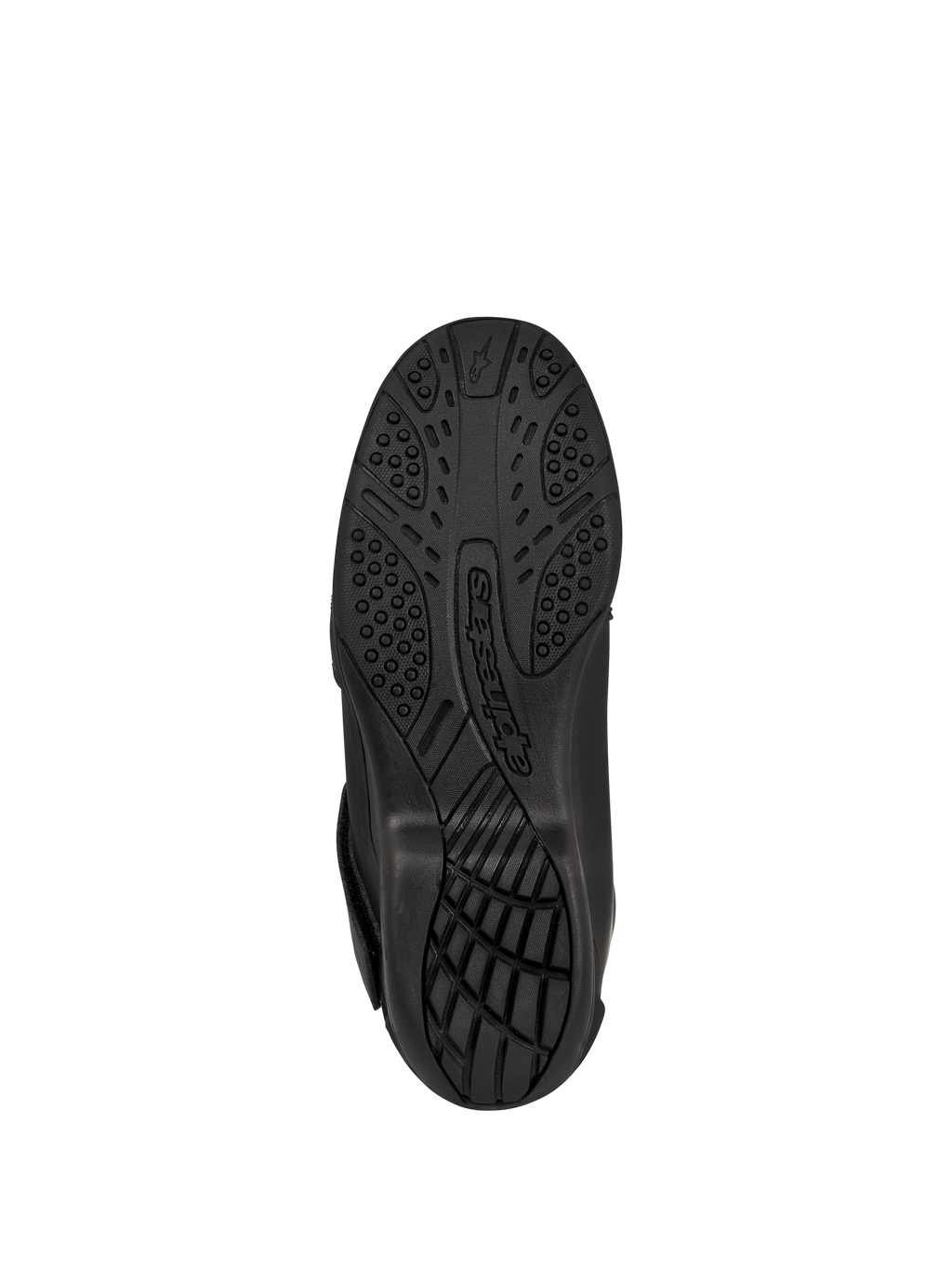 Alpinestars New Land GORE-TEX Stiefel, Schwarz, Unteransicht der Außensohle aus vulkanisierter Gummimischung, strukturiertes Profilmuster für Grip und Traktion, mit geprägtem Alpinestars-Branding, Road-Touring-Motorradstiefel