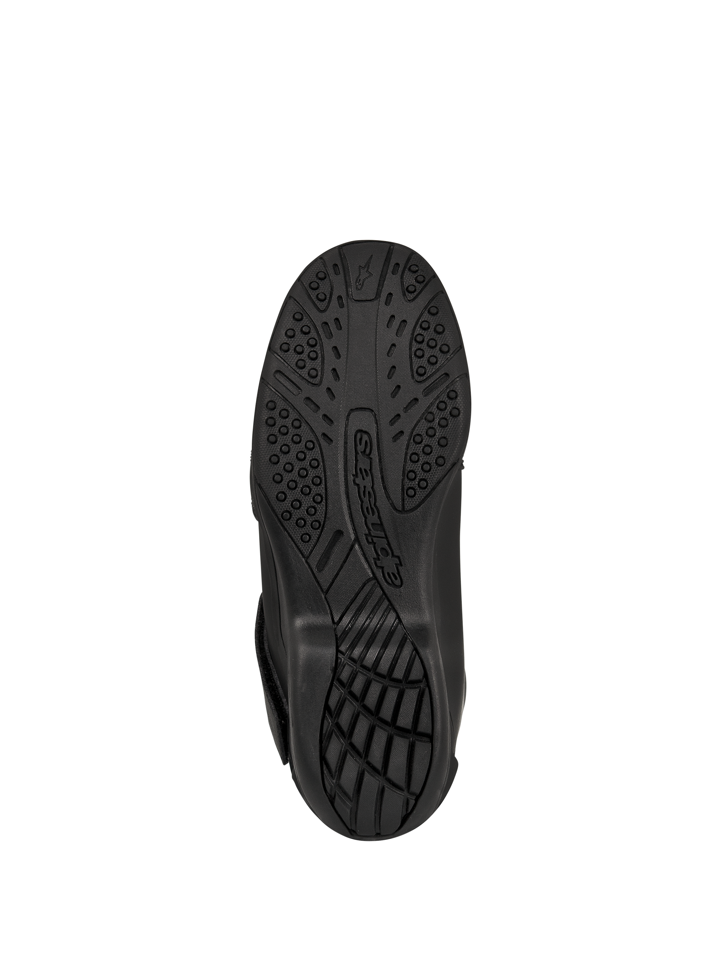 Alpinestars New Land GORE-TEX Stiefel, Schwarz, Unteransicht der Außensohle aus vulkanisierter Gummimischung, strukturiertes Profilmuster für Grip und Traktion, mit geprägtem Alpinestars-Branding, Road-Touring-Motorradstiefel