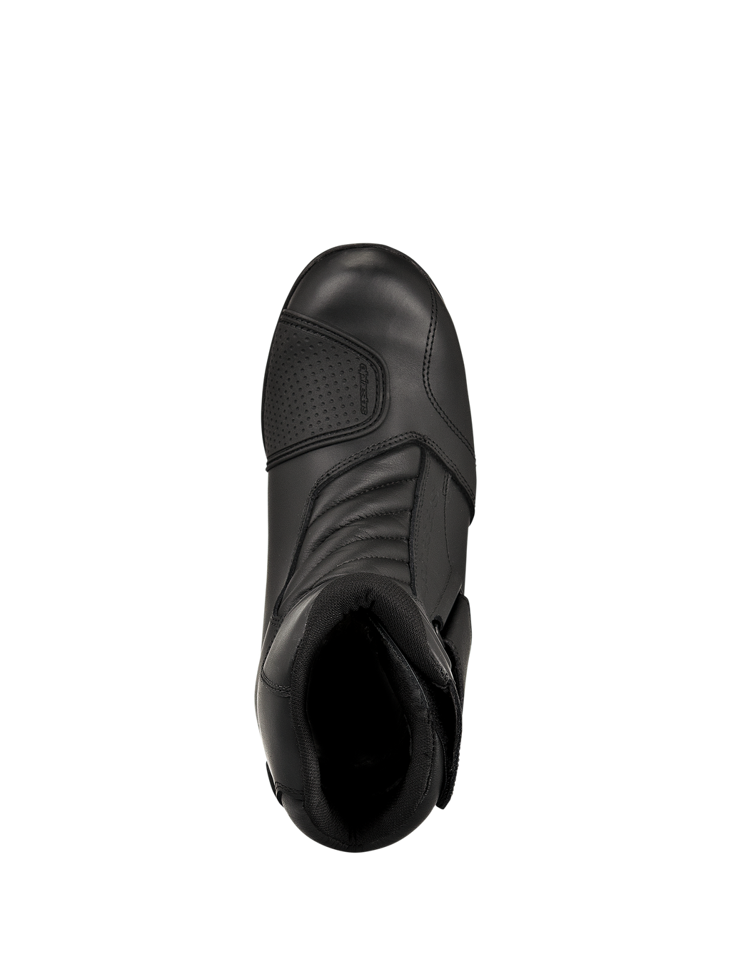 Alpinestars New Land GORE-TEX Stiefel, Schwarz, Draufsicht, Vollnarbenleder-Konstruktion, vordere Akkordeon-Flexzonen, verstärktes Schaltpolster, mittelhohe wasserdichte Touren-Motorradstiefel