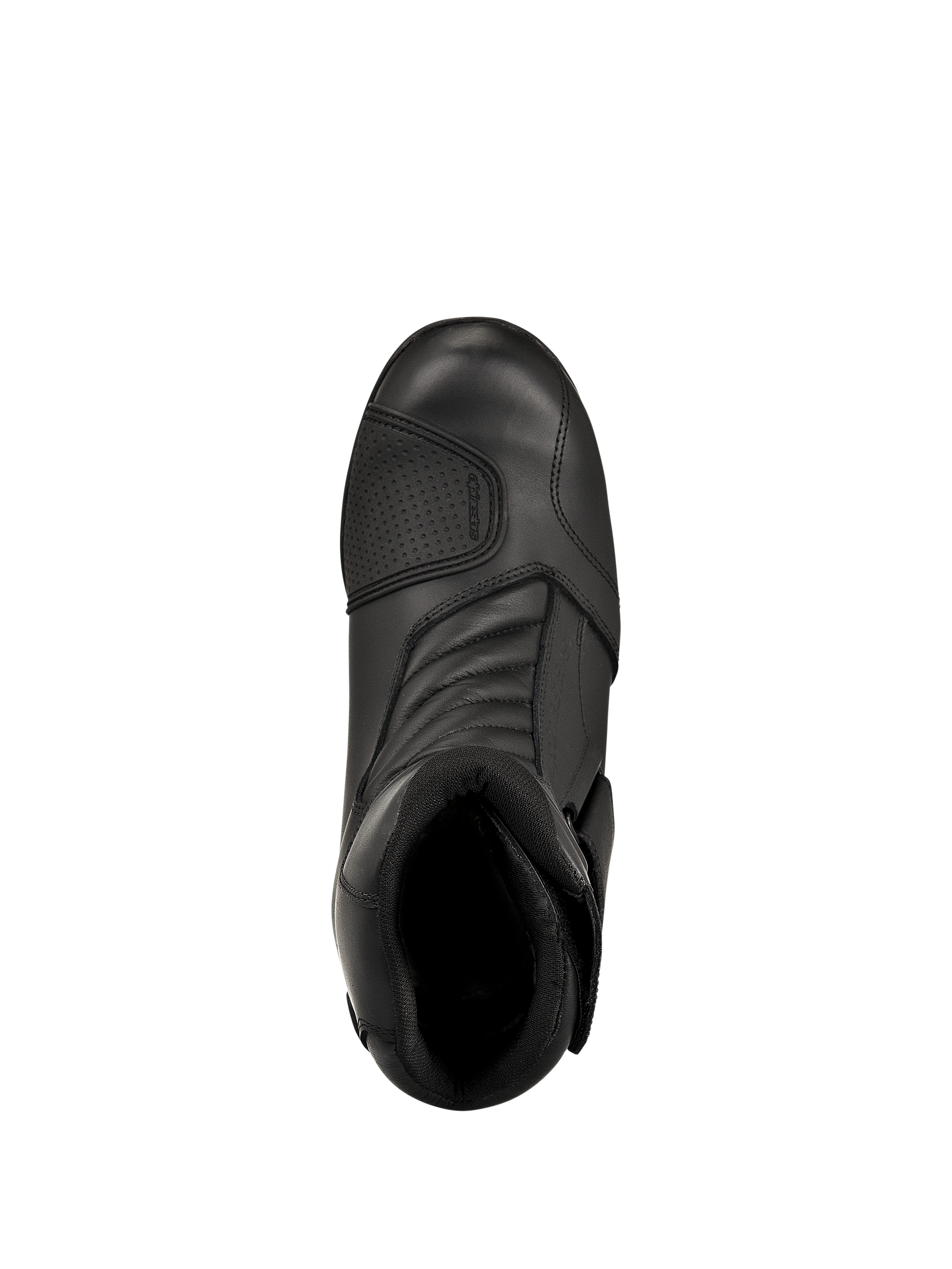 Alpinestars New Land GORE-TEX Stiefel, Schwarz, Draufsicht, Vollnarbenleder-Konstruktion, vordere Akkordeon-Flexzonen, verstärktes Schaltpolster, mittelhohe wasserdichte Touren-Motorradstiefel