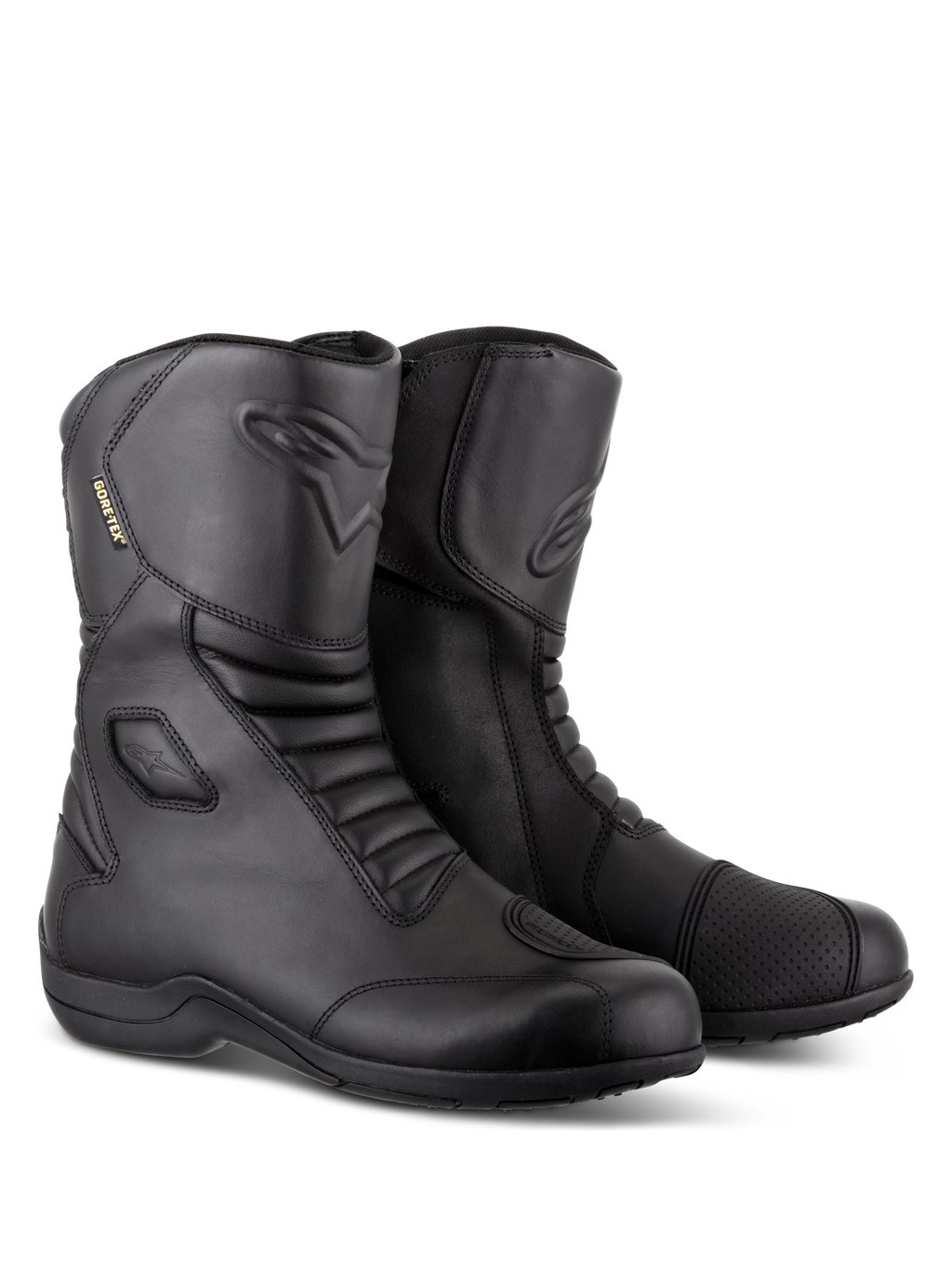 Alpinestars Web GORE-TEX laarzen, zwarte waterdichte motor-tourlaarzen, lederen constructie met accordeon-flexzones aan de voor- en achterzijde, versterkt schakelpad en ontwerp met zij-ingang voor rijden op de weg