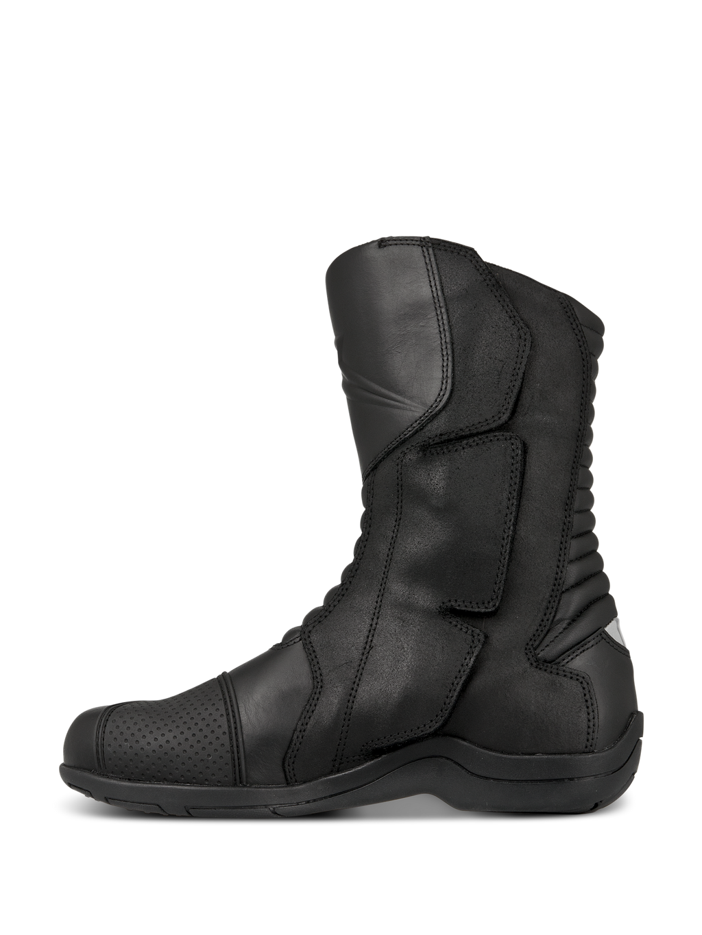 Alpinestars Web GORE-TEX laarzen, touring motorlaarzen, zwart, zijaanzicht met lederen constructie, zijdelingse instap met grote sluitklep en accordeon flexzones aan de achterzijde voor beweeglijkheid.