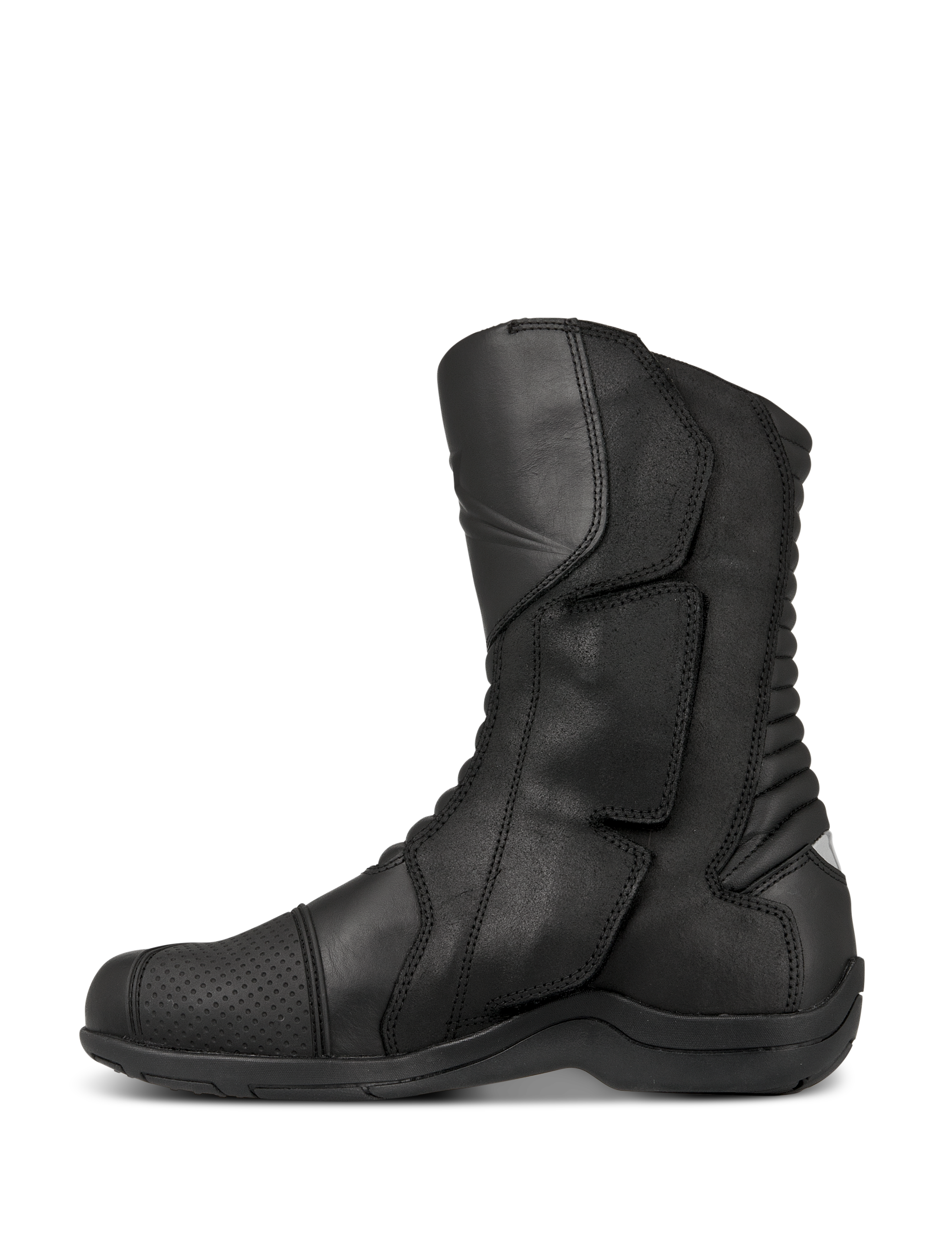 Alpinestars Web GORE-TEX laarzen, touring motorlaarzen, zwart, zijaanzicht met lederen constructie, zijdelingse instap met grote sluitklep en accordeon flexzones aan de achterzijde voor beweeglijkheid.