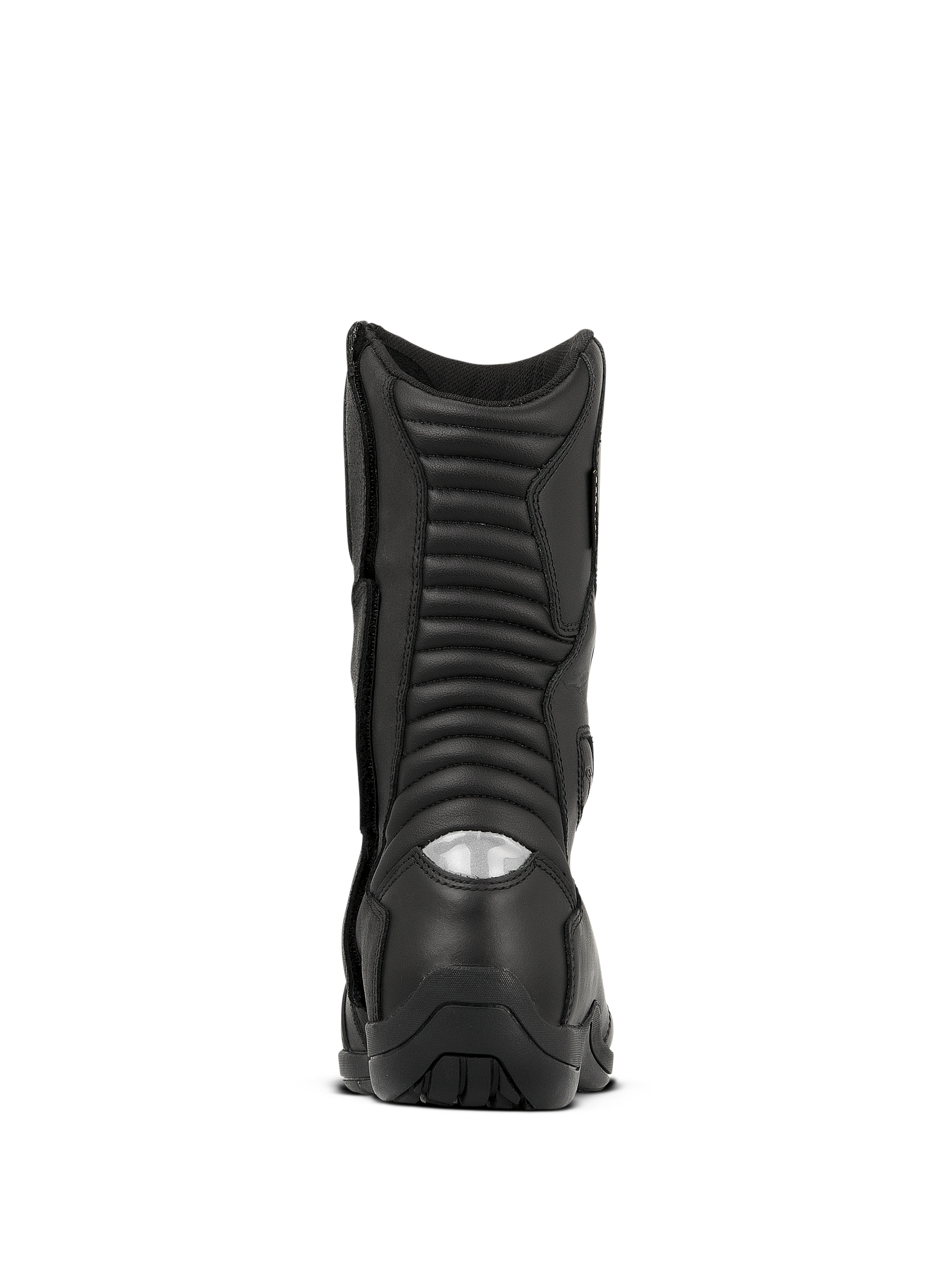 Alpinestars Web GORE-TEX laarzen, waterdichte motor tourlaarzen, zwart, achteraanzicht met geribbelde accordeon flex-zones en een reflecterende hielinzet voor zichtbaarheid 's nachts, duurzame leren constructie met een robuuste zool