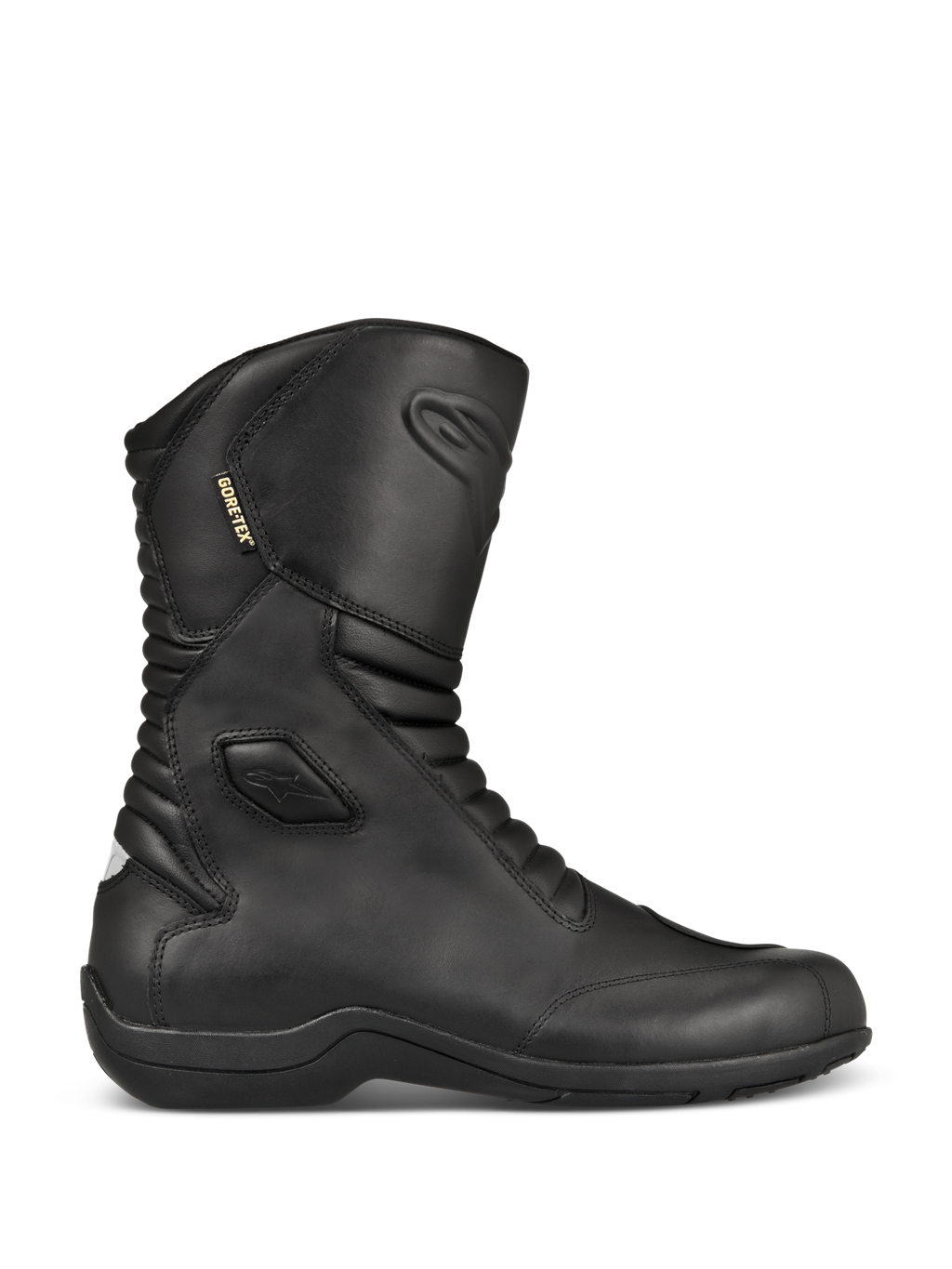 Alpinestars Web GORE-TEX laarzen, zwarte leren motor-tourlaarzen, zijaanzicht, waterdichte GORE-TEX voering, verstevigde enkel- en teenbescherming, accordeon-flexpanelen aan de voor- en achterzijde, duurzame rubberen zool, gestroomlijnde motoruitrusting voor alle weersomstandigheden