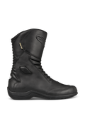 Alpinestars Web GORE-TEX laarzen, zwarte leren motor-tourlaarzen, zijaanzicht, waterdichte GORE-TEX voering, verstevigde enkel- en teenbescherming, accordeon-flexpanelen aan de voor- en achterzijde, duurzame rubberen zool, gestroomlijnde motoruitrusting voor alle weersomstandigheden