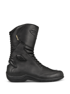 Alpinestars Web GORE-TEX laarzen, zwarte leren motor-tourlaarzen, zijaanzicht, waterdichte GORE-TEX voering, verstevigde enkel- en teenbescherming, accordeon-flexpanelen aan de voor- en achterzijde, duurzame rubberen zool, gestroomlijnde motoruitrusting voor alle weersomstandigheden