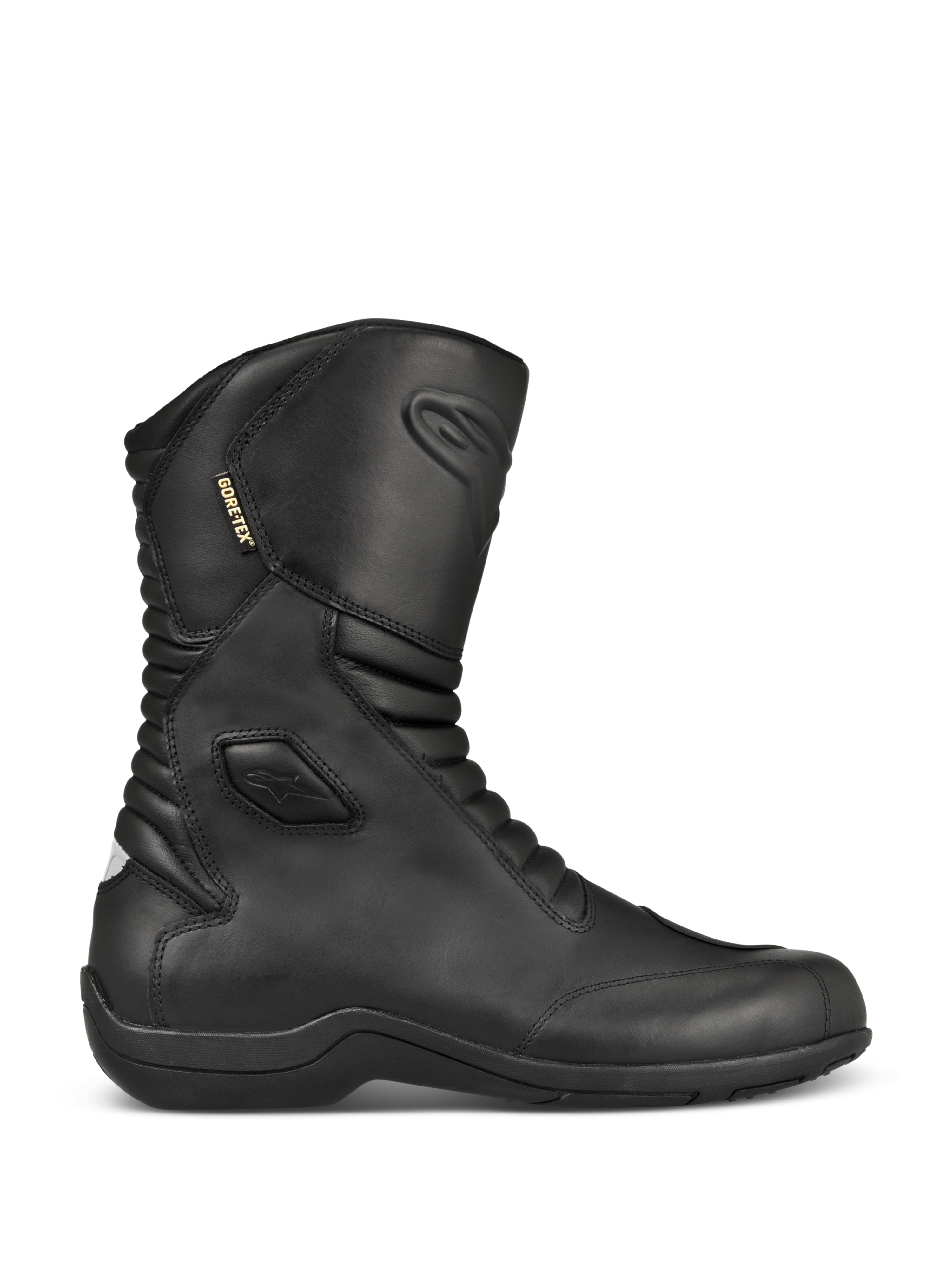 Alpinestars Web GORE-TEX laarzen, zwarte leren motor-tourlaarzen, zijaanzicht, waterdichte GORE-TEX voering, verstevigde enkel- en teenbescherming, accordeon-flexpanelen aan de voor- en achterzijde, duurzame rubberen zool, gestroomlijnde motoruitrusting voor alle weersomstandigheden