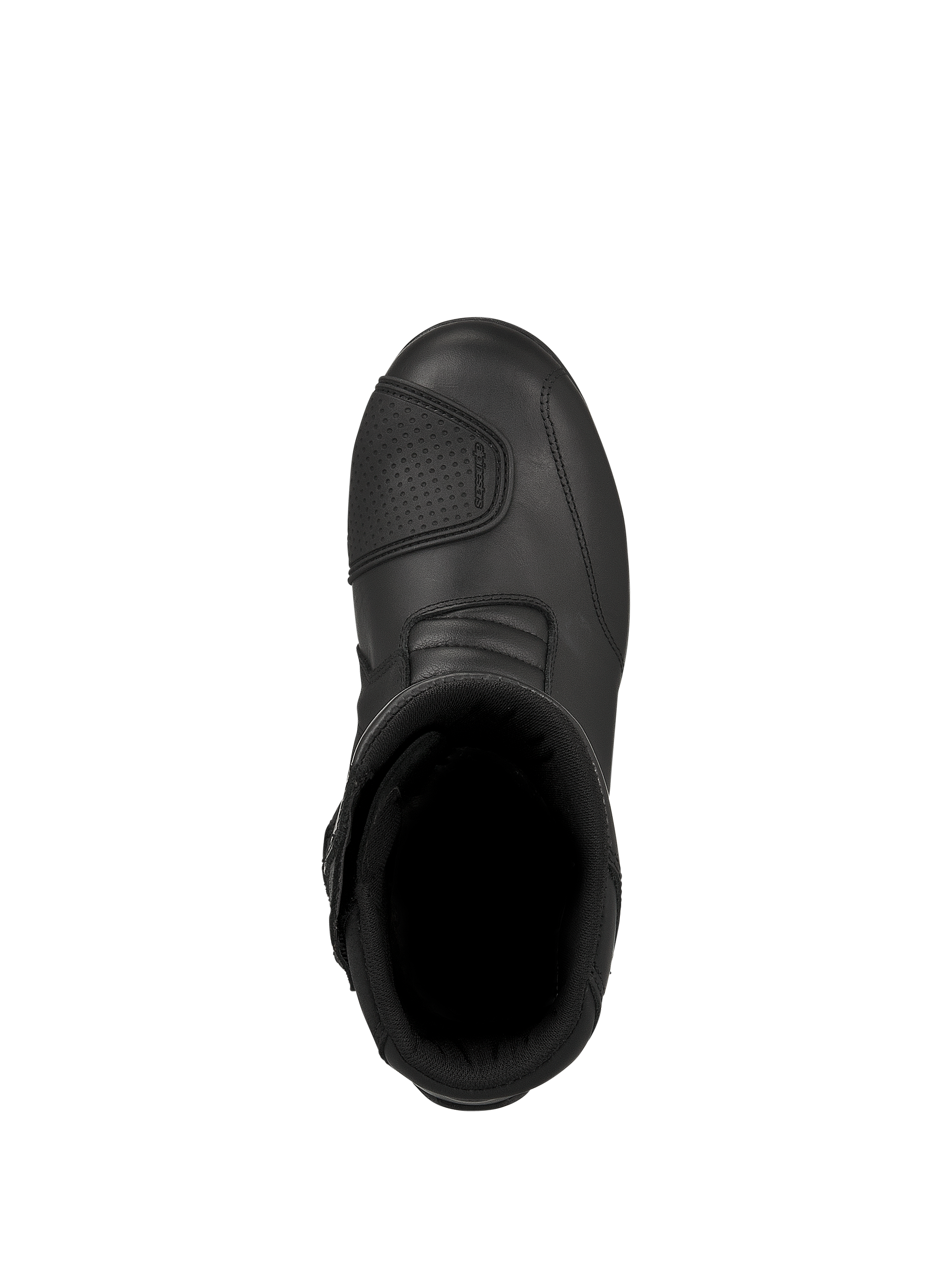 Alpinestars Web GORE-TEX laarzen, zwarte motor toerlaarzen, bovenaanzicht met de binnenopening en het getextureerde schakelpad, duurzame leren constructie voor rijden op de weg