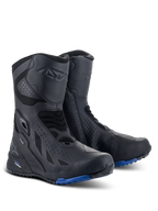 Alpinestars RT-8 GORE-TEX laarzen, motor touringlaarzen, zwart blauw, met een technisch microvezel en synthetisch textiel bovenwerk, blauwe zool met profiel voor tractie, waterdichte GORE-TEX constructie en beschermende scheen- en hielzones.