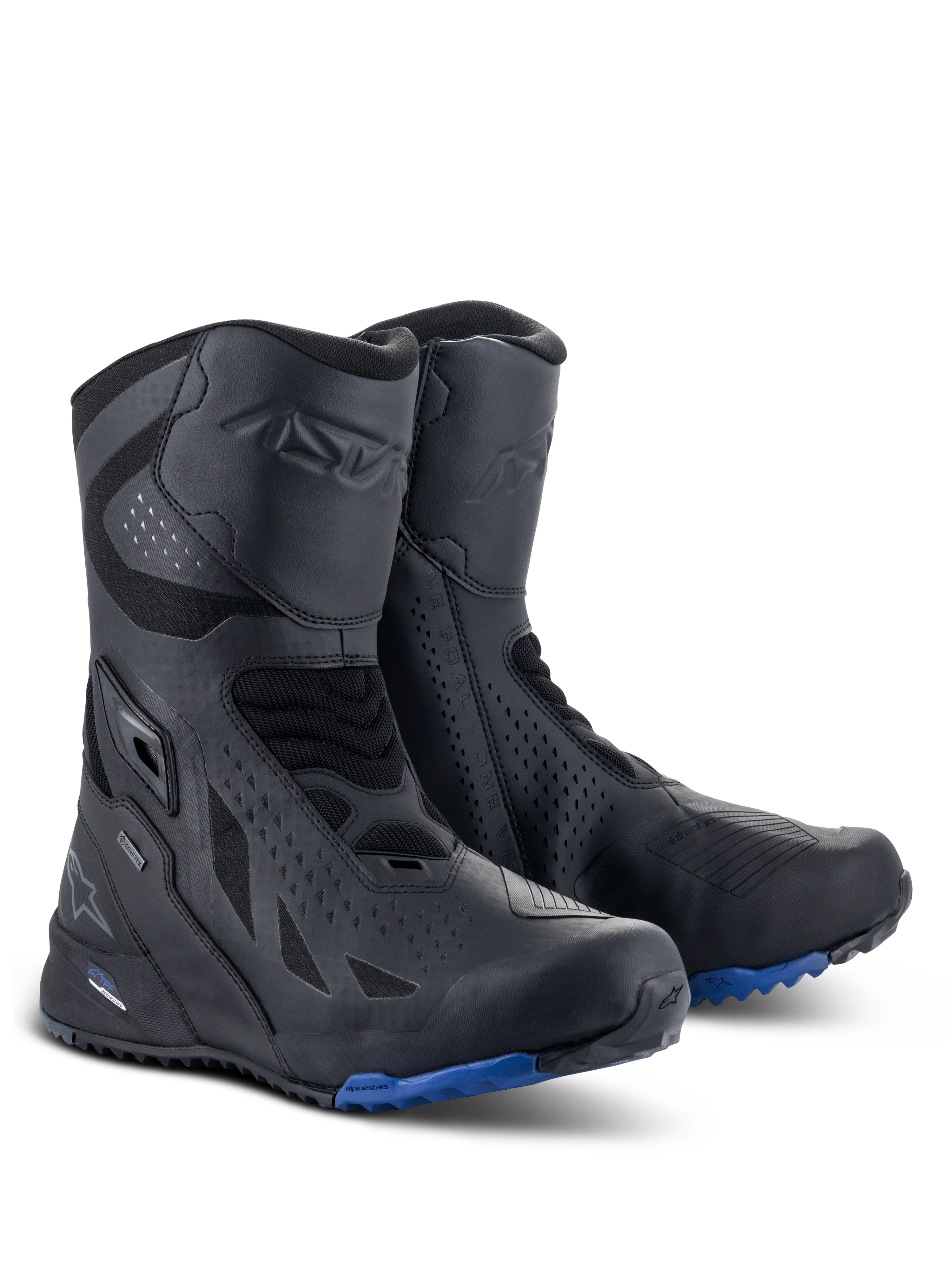 Alpinestars RT-8 GORE-TEX laarzen, motor touringlaarzen, zwart blauw, met een technisch microvezel en synthetisch textiel bovenwerk, blauwe zool met profiel voor tractie, waterdichte GORE-TEX constructie en beschermende scheen- en hielzones.