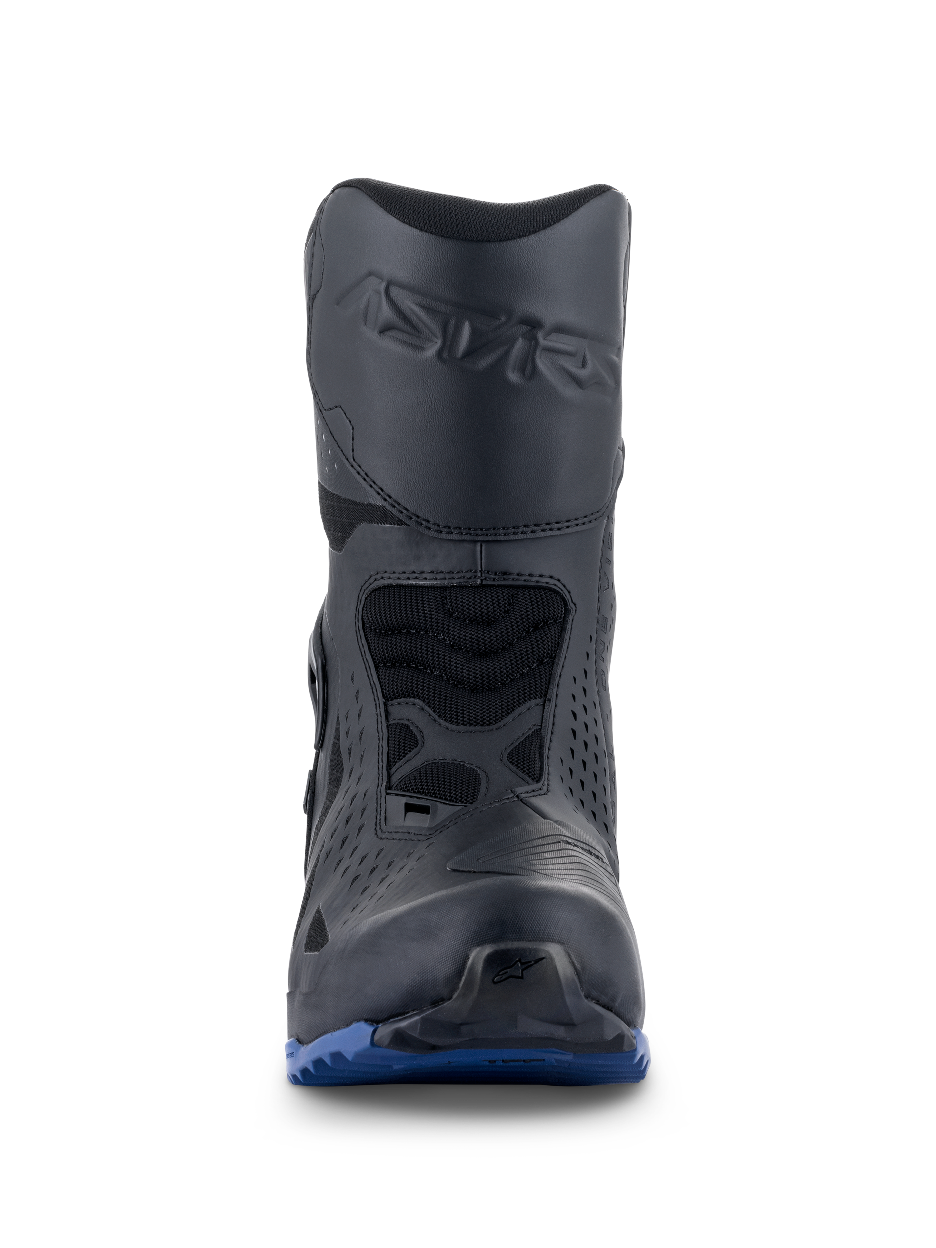 Alpinestars RT-8 GORE-TEX laarzen, motortouringlaarzen, zwart en blauw, vooraanzicht met Astars-logo in reliëf op het scheenbeen, beschermend schakelpad en een robuuste blauwe buitenzool voor grip op elk terrein