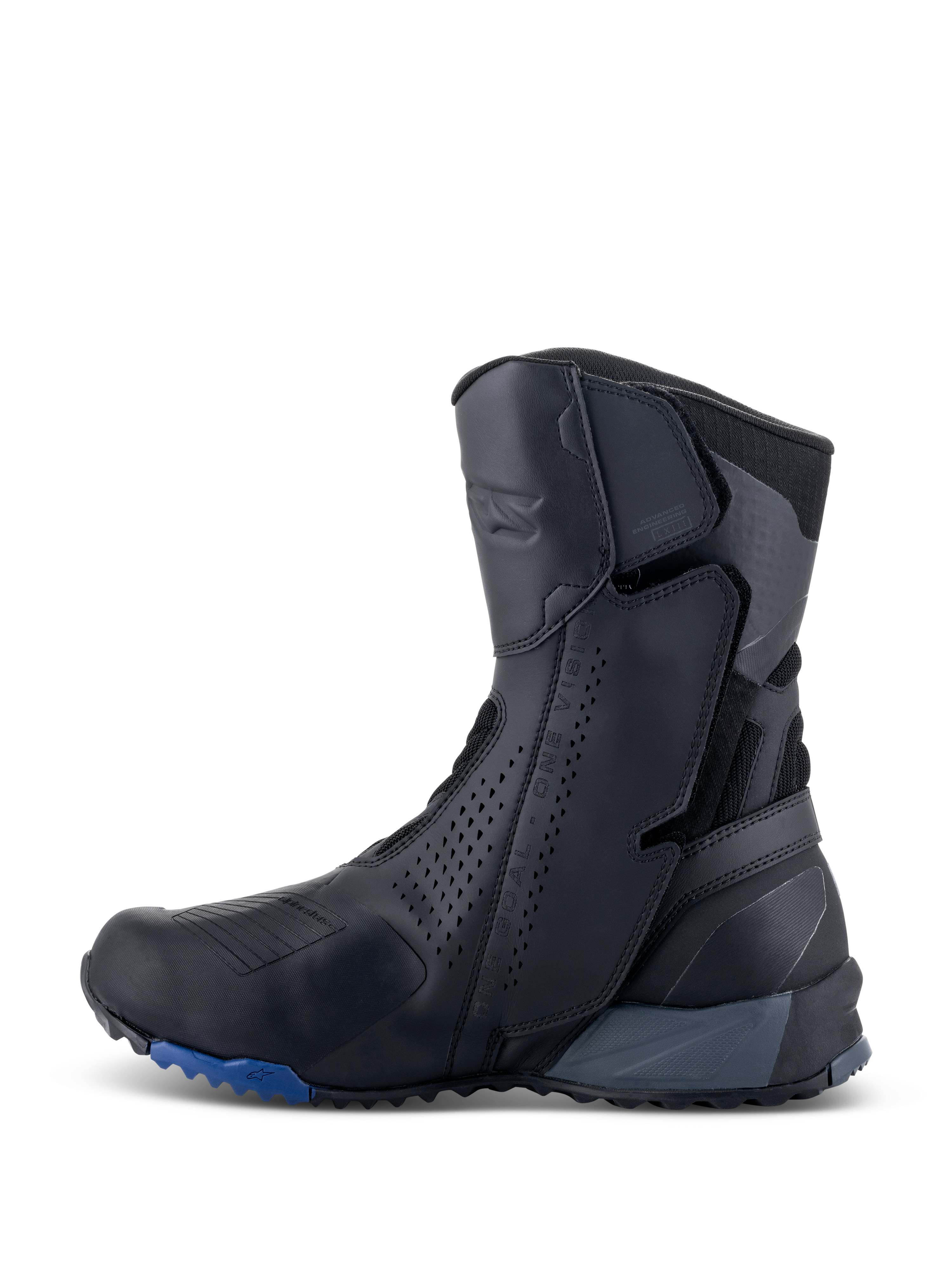 Alpinestars RT-8 GORE-TEX laarzen, touring motorlaarzen, zwart en blauw, zijaanzicht met een gestroomlijnd bovenwerk van microvezel met geperforeerde panelen, geïntegreerde beschermingszones en een robuuste zool met blauwe accenten.