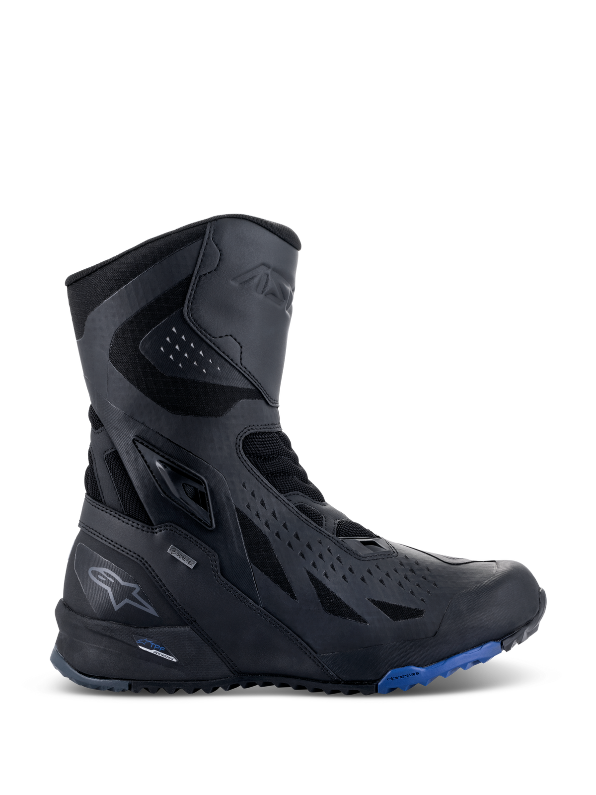 Bottes Alpinestars RT-8 GORE-TEX, bottes de moto touring, noires avec accents bleus sur la semelle, dotées d'un design technique montant avec tige en microfibre et textile, perforations triangulaires, marquage GORE-TEX et semelle robuste.