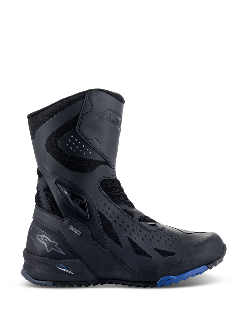 Alpinestars RT-8 GORE-TEX laarzen, touring motorlaarzen, zwart met blauwe zoolaccenten, technisch high-top ontwerp met een bovenwerk van microvezel en textiel, driehoekige perforaties, GORE-TEX-branding en een robuuste zool.