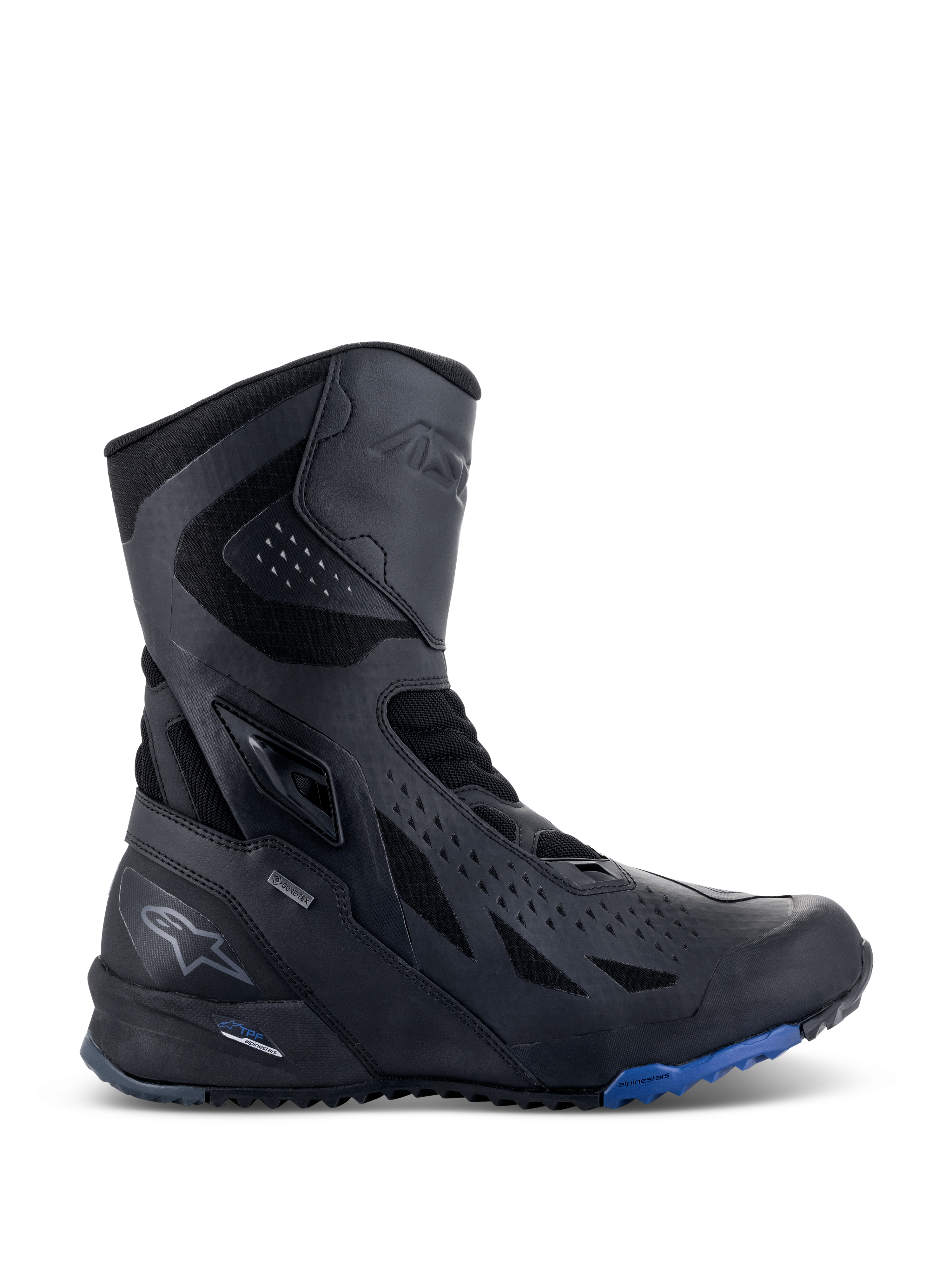 Alpinestars RT-8 GORE-TEX laarzen, touring motorlaarzen, zwart met blauwe zoolaccenten, technisch high-top ontwerp met een bovenwerk van microvezel en textiel, driehoekige perforaties, GORE-TEX-branding en een robuuste zool.