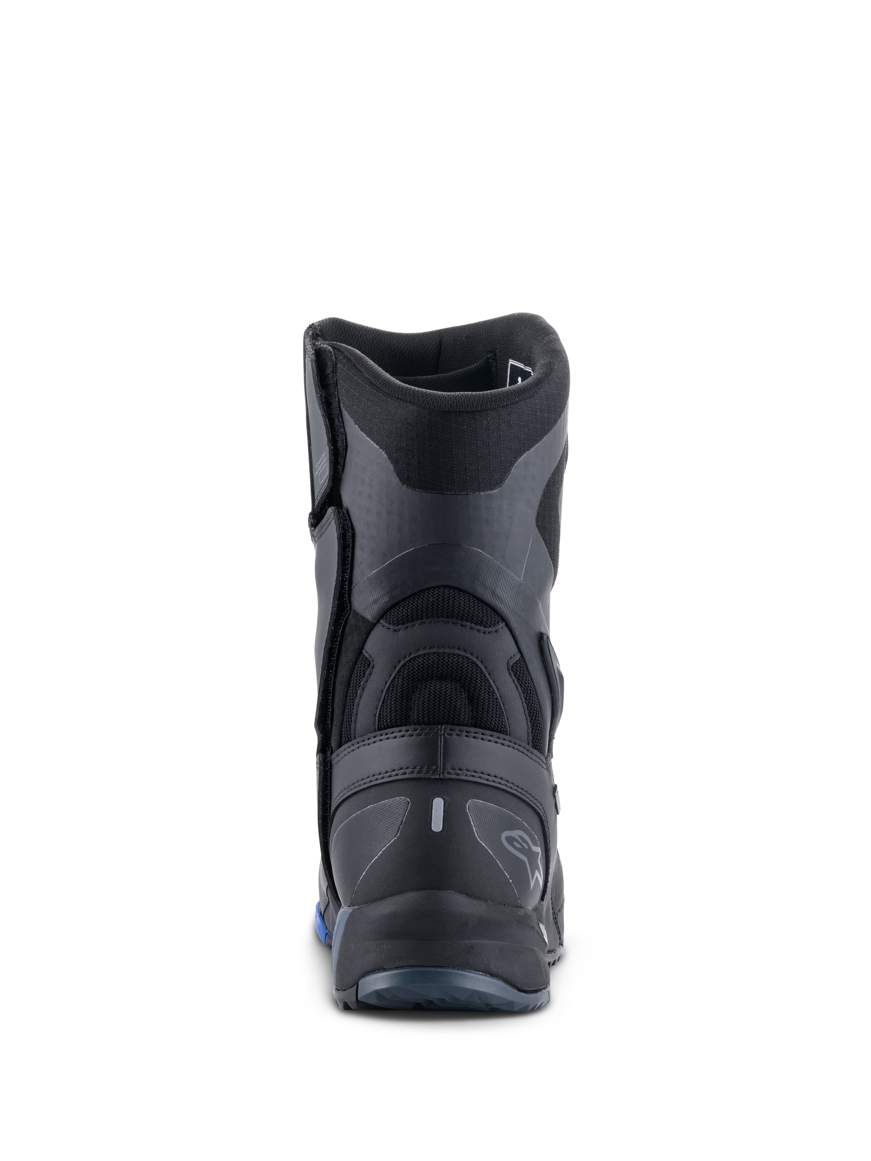 Alpinestars RT-8 GORE-TEX laarzen, motorlaarzen voor touring, zwart en blauw, achteraanzicht met nadruk op de versterkte hielkap, getextureerde synthetische panelen en subtiele Alpinestars-branding