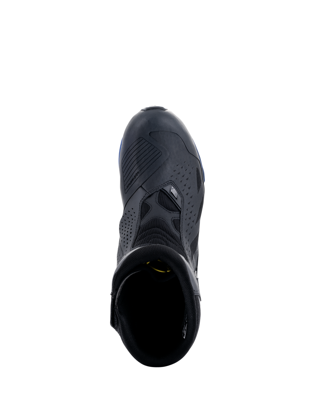 Alpinestars RT-8 GORE-TEX laarzen, zwart en blauw, bovenaanzicht met weergave van het schakelpad, geperforeerde microvezel panelen en blauwe zoolaccenten, technische waterdichte touring motorlaarzen