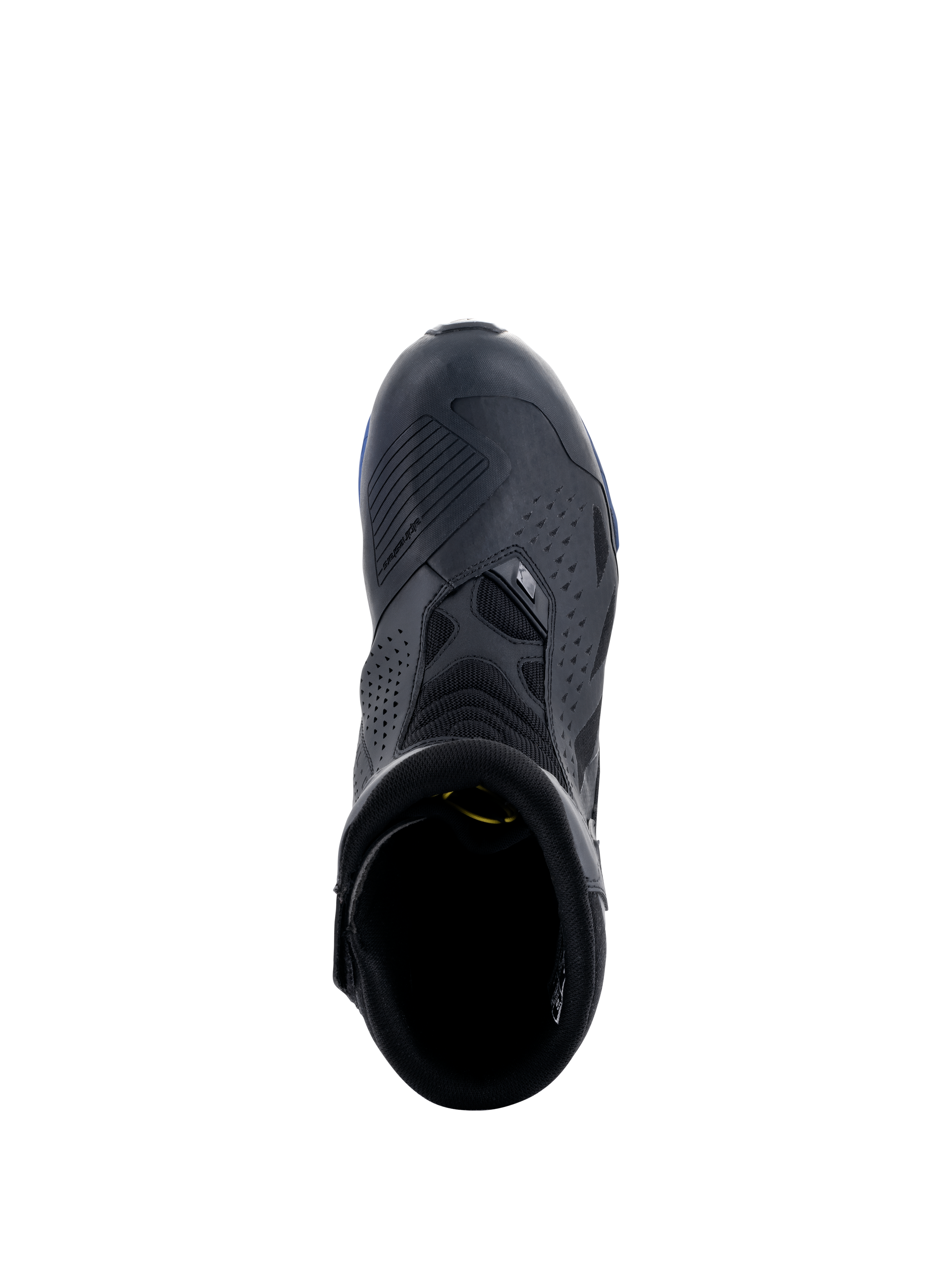 Alpinestars RT-8 GORE-TEX laarzen, zwart en blauw, bovenaanzicht met weergave van het schakelpad, geperforeerde microvezel panelen en blauwe zoolaccenten, technische waterdichte touring motorlaarzen