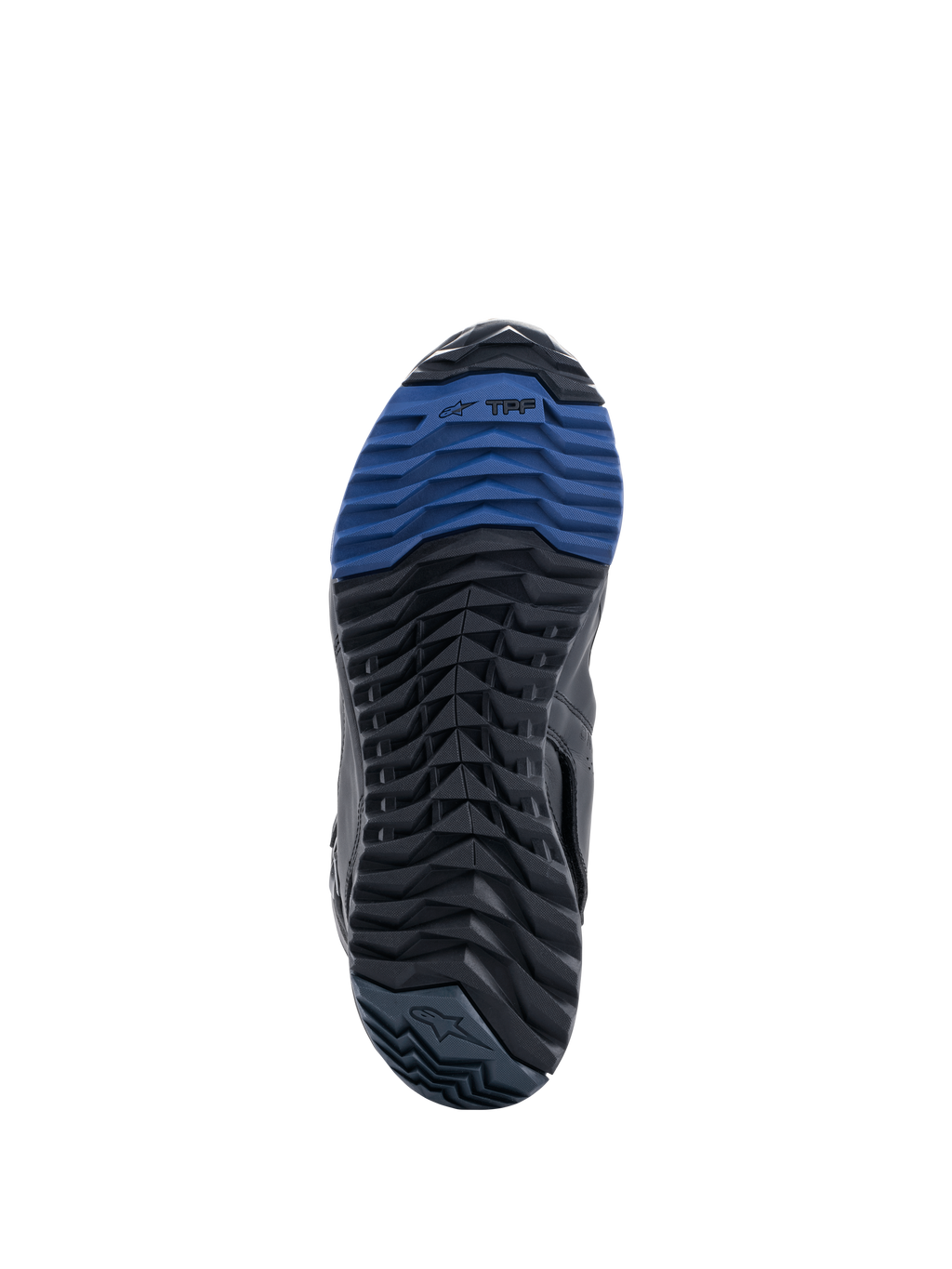 Alpinestars RT-8 GORE-TEX laarzen, zoolaanzicht met zwart en blauwe rubberen buitenzool, robuust profielpatroon en TPF-branding, ontworpen voor optimale tractie en loopcomfort op adventure touring-terrein