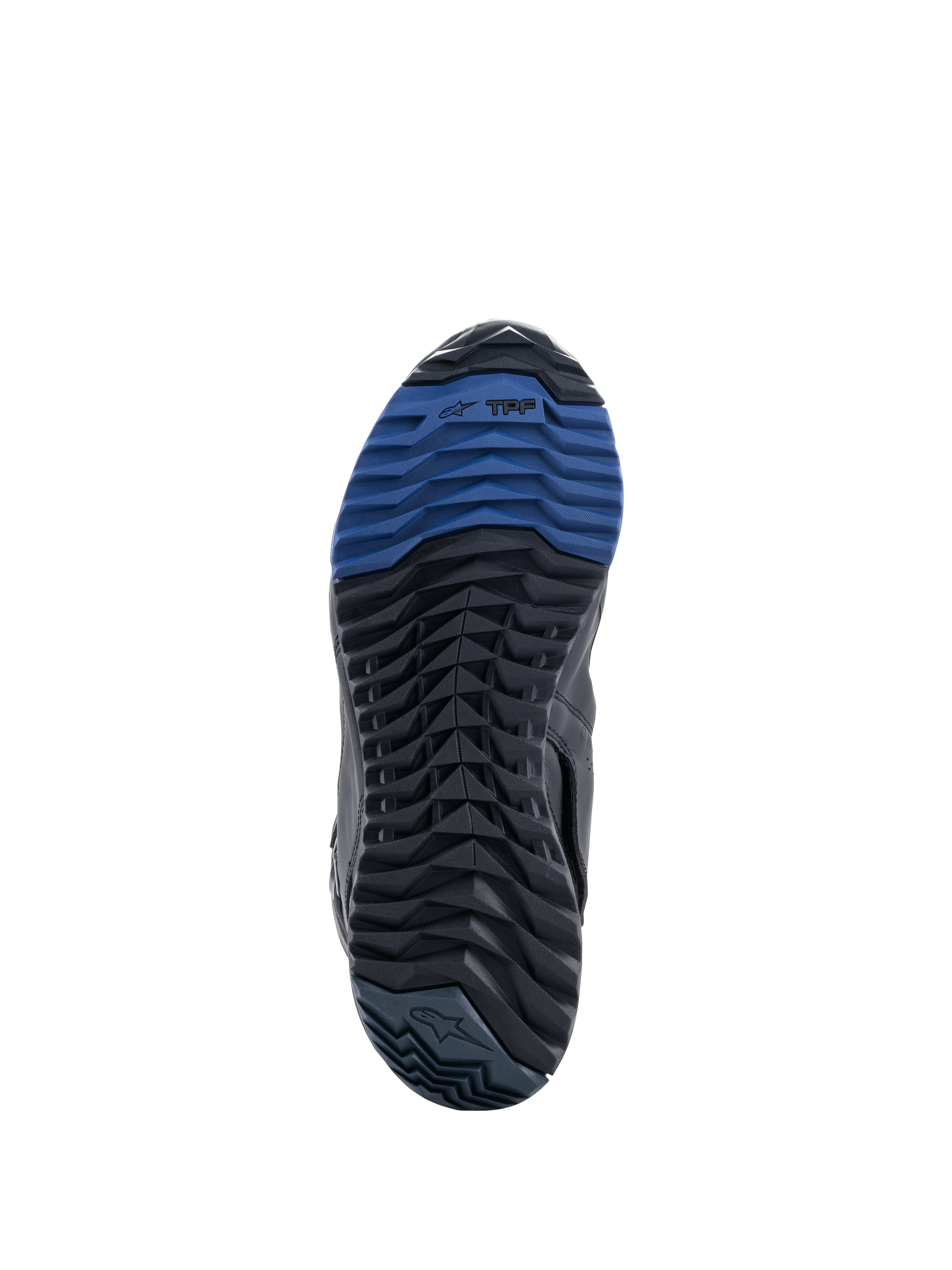 Alpinestars RT-8 GORE-TEX laarzen, zoolaanzicht met zwart en blauwe rubberen buitenzool, robuust profielpatroon en TPF-branding, ontworpen voor optimale tractie en loopcomfort op adventure touring-terrein