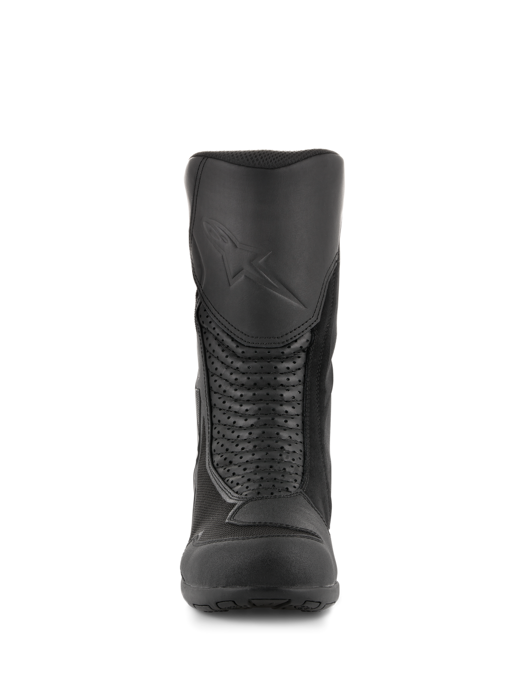 Alpinestars Air Plus V2 GORE-TEX Stiefel, Motorrad-Tourenstiefel, Schwarz, Vorderansicht zeigt den geformten Schienbeinschutz mit geprägtem Logo, perforierte Leder-Akkordeon-Paneele für Flexibilität und atmungsaktive Mesh-Einsätze.