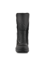 Alpinestars Air Plus V2 GORE-TEX Stiefel, Motorrad-Tourenstiefel, Schwarz, Vorderansicht zeigt den geformten Schienbeinschutz mit geprägtem Logo, perforierte Leder-Akkordeon-Paneele für Flexibilität und atmungsaktive Mesh-Einsätze.
