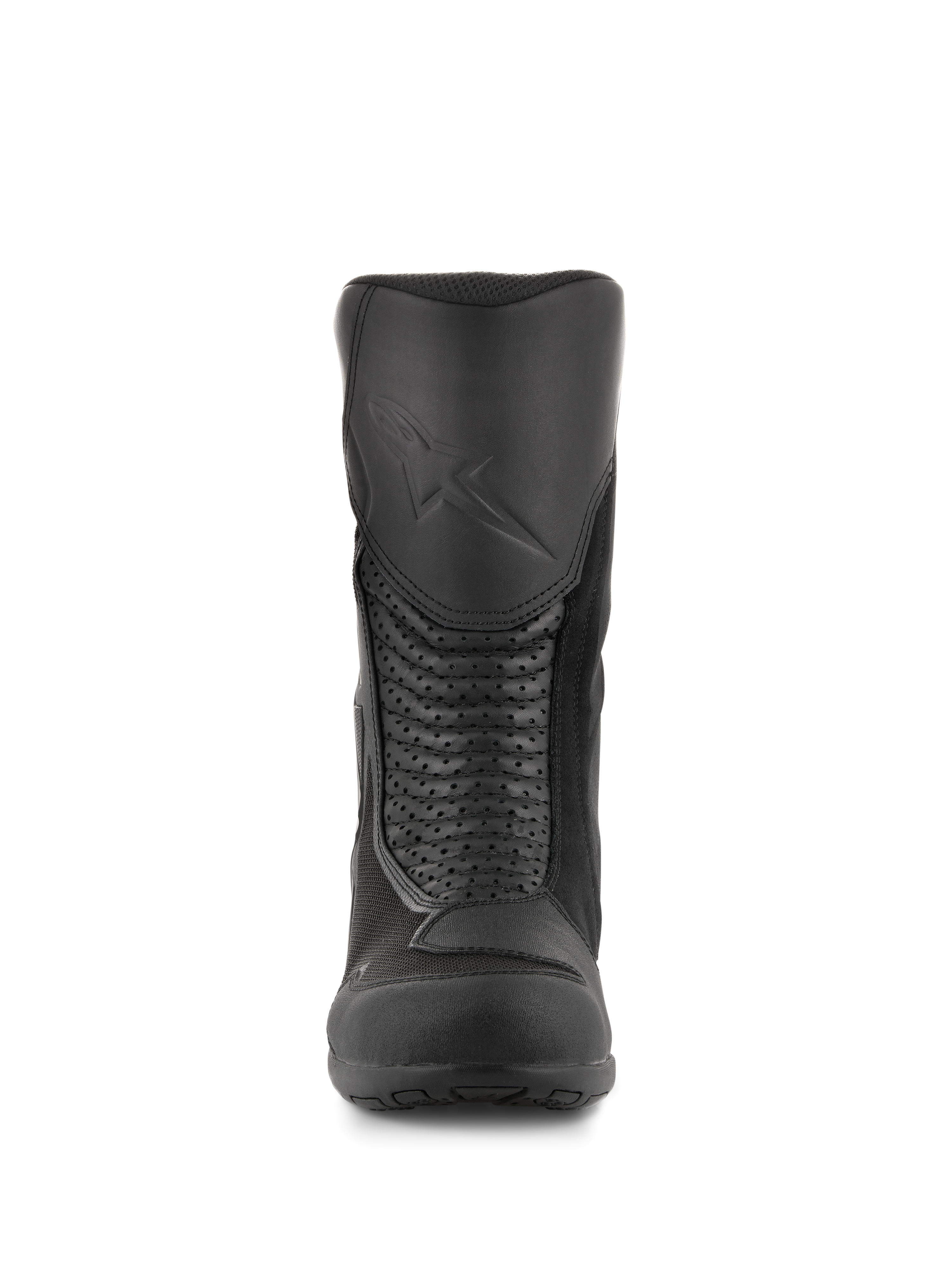Alpinestars Air Plus V2 GORE-TEX Stiefel, Motorrad-Tourenstiefel, Schwarz, Vorderansicht zeigt den geformten Schienbeinschutz mit geprägtem Logo, perforierte Leder-Akkordeon-Paneele für Flexibilität und atmungsaktive Mesh-Einsätze.
