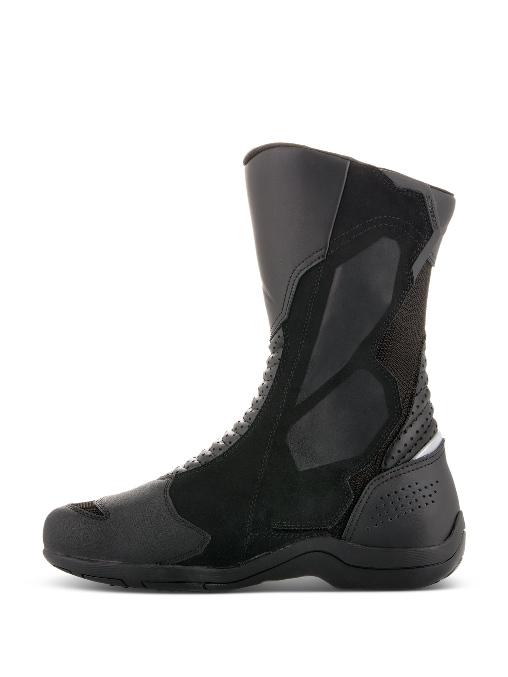 Alpinestars Air Plus V2 GORE-TEX Stiefel, Motorrad-Tourenstiefel, Schwarz, Seitenprofil-Ansicht, Multi-Material-Konstruktion mit belüftetem Mesh und Lederpaneelen, hochgeschnittenes Design mit verstärktem Schienbein- und Fersenschutz für Allwetter-Fahrten