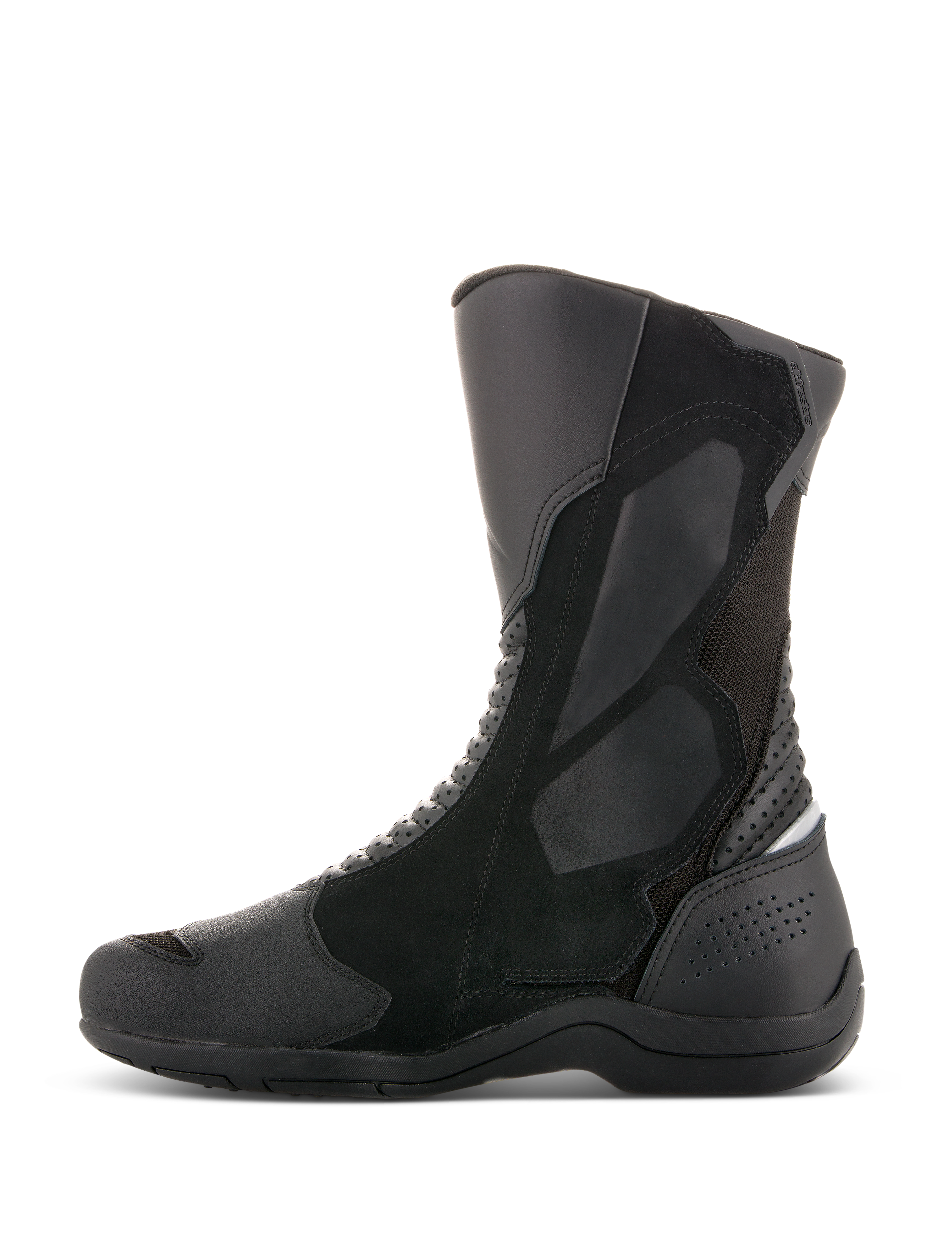 Alpinestars Air Plus V2 GORE-TEX Stiefel, Motorrad-Tourenstiefel, Schwarz, Seitenprofil-Ansicht, Multi-Material-Konstruktion mit belüftetem Mesh und Lederpaneelen, hochgeschnittenes Design mit verstärktem Schienbein- und Fersenschutz für Allwetter-Fahrten